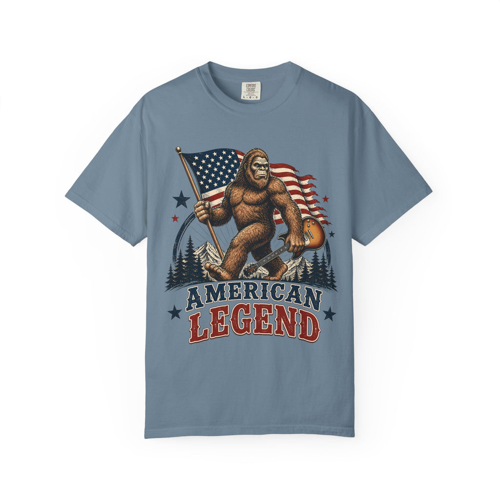 American Legend Bigfoot T-Shirt - Patriotic Sasquatch Tee with Flag