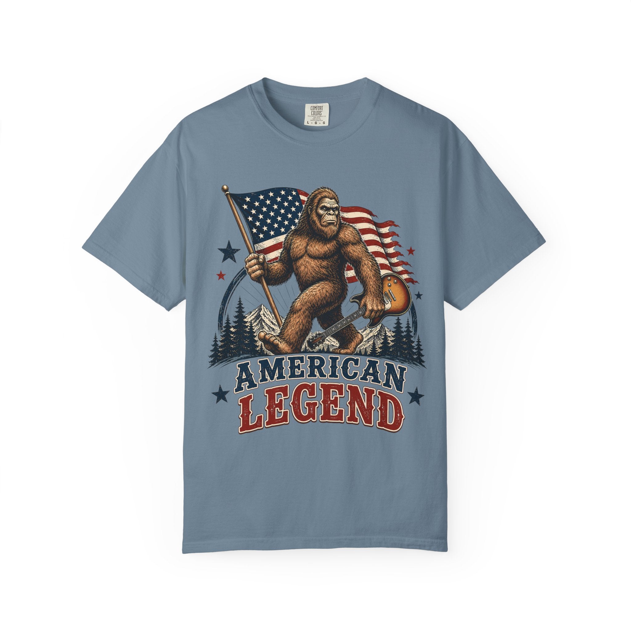 American Legend Bigfoot T-Shirt - Patriotic Sasquatch Tee with Flag