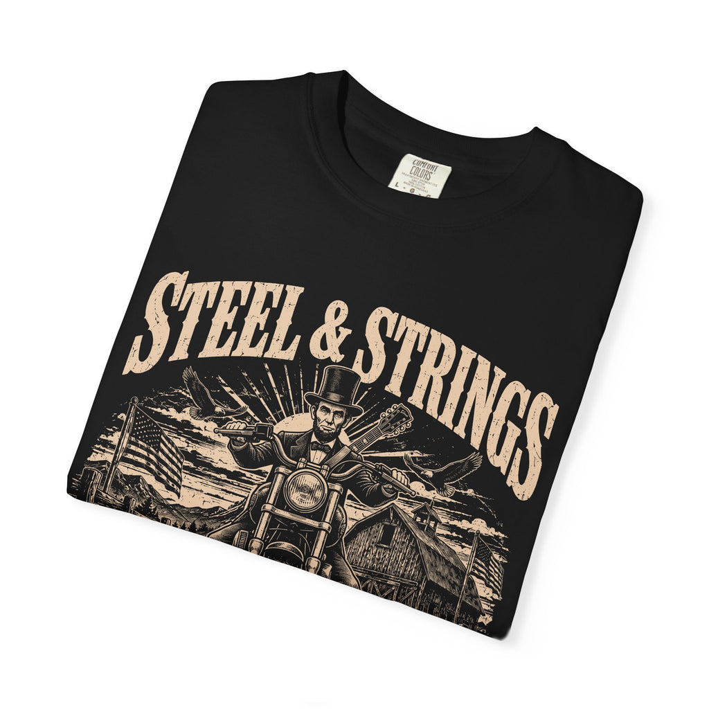 Steel & Strings Motorcycle T-Shirt — Born Loud, Built Free Vintage Biker Tee