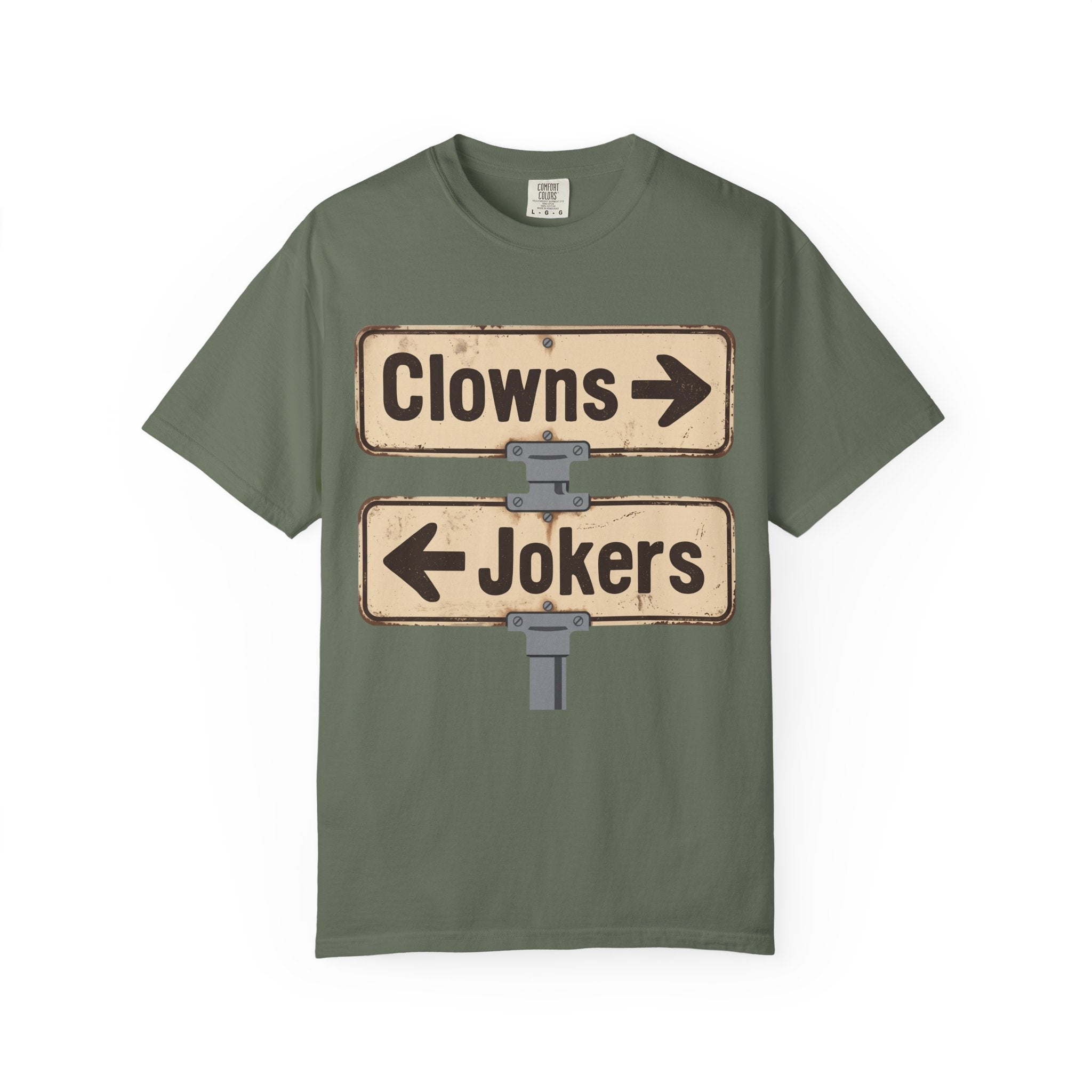Clowns → Jokers ← Graphic T‑Shirt — Retro Road Sign Humor Tee