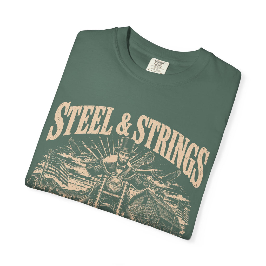 Steel & Strings Motorcycle T-Shirt — Born Loud, Built Free Vintage Biker Tee