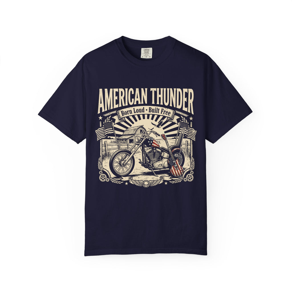 American Thunder Motorcycle T-Shirt — Born Loud, Built Free Vintage Bike Tee
