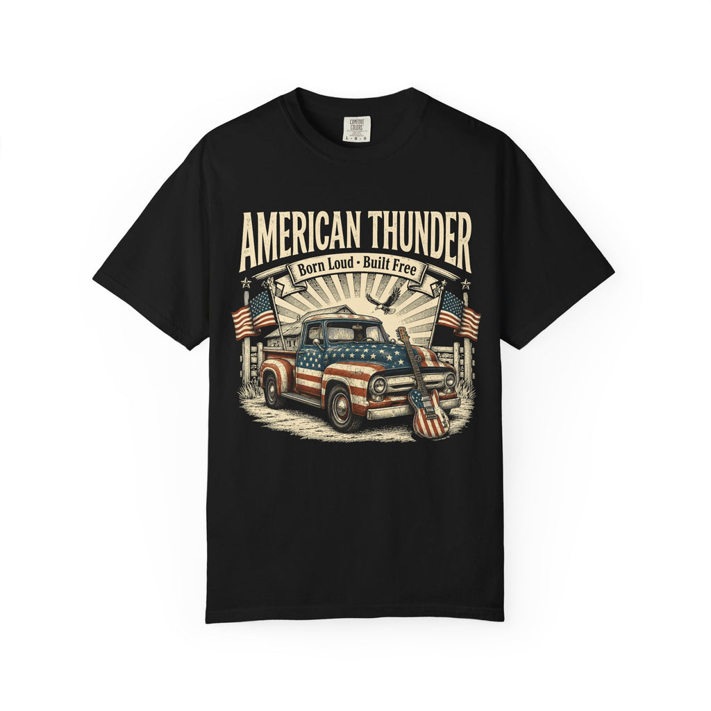 American Thunder Vintage Truck T-Shirt — "Born Loud • Built Free" Patriotic Pickup Tee
