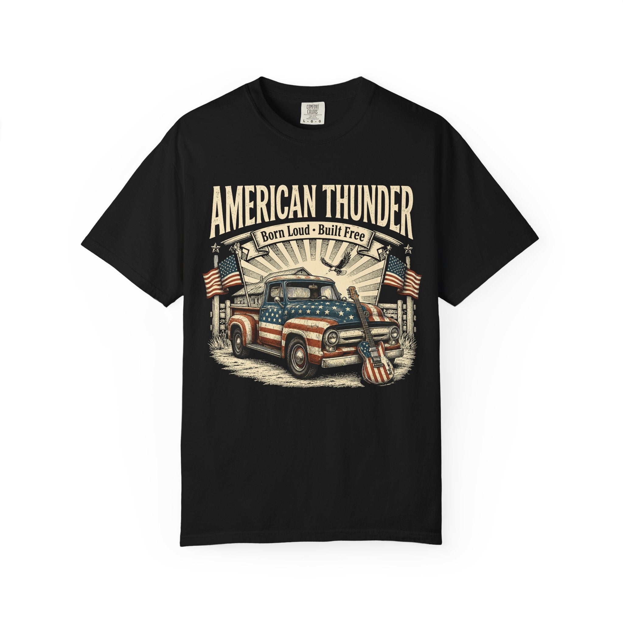 American Thunder Vintage Truck T-Shirt — "Born Loud • Built Free" Patriotic Pickup Tee