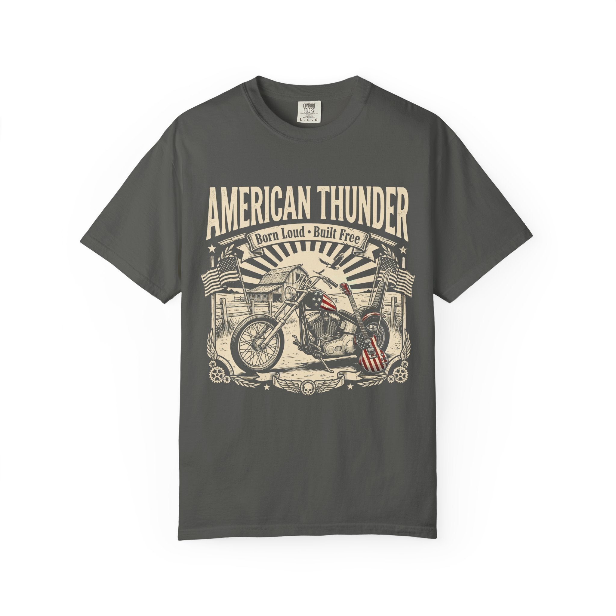 American Thunder Motorcycle T-Shirt — Born Loud, Built Free Vintage Bike Tee