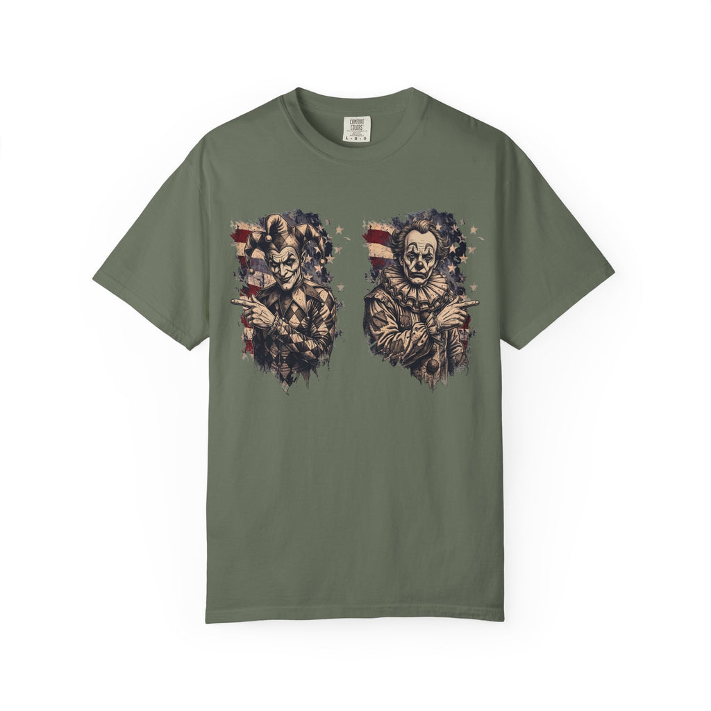 Creepy Clown Duo T‑Shirt — Vintage American Flag Horror Tee