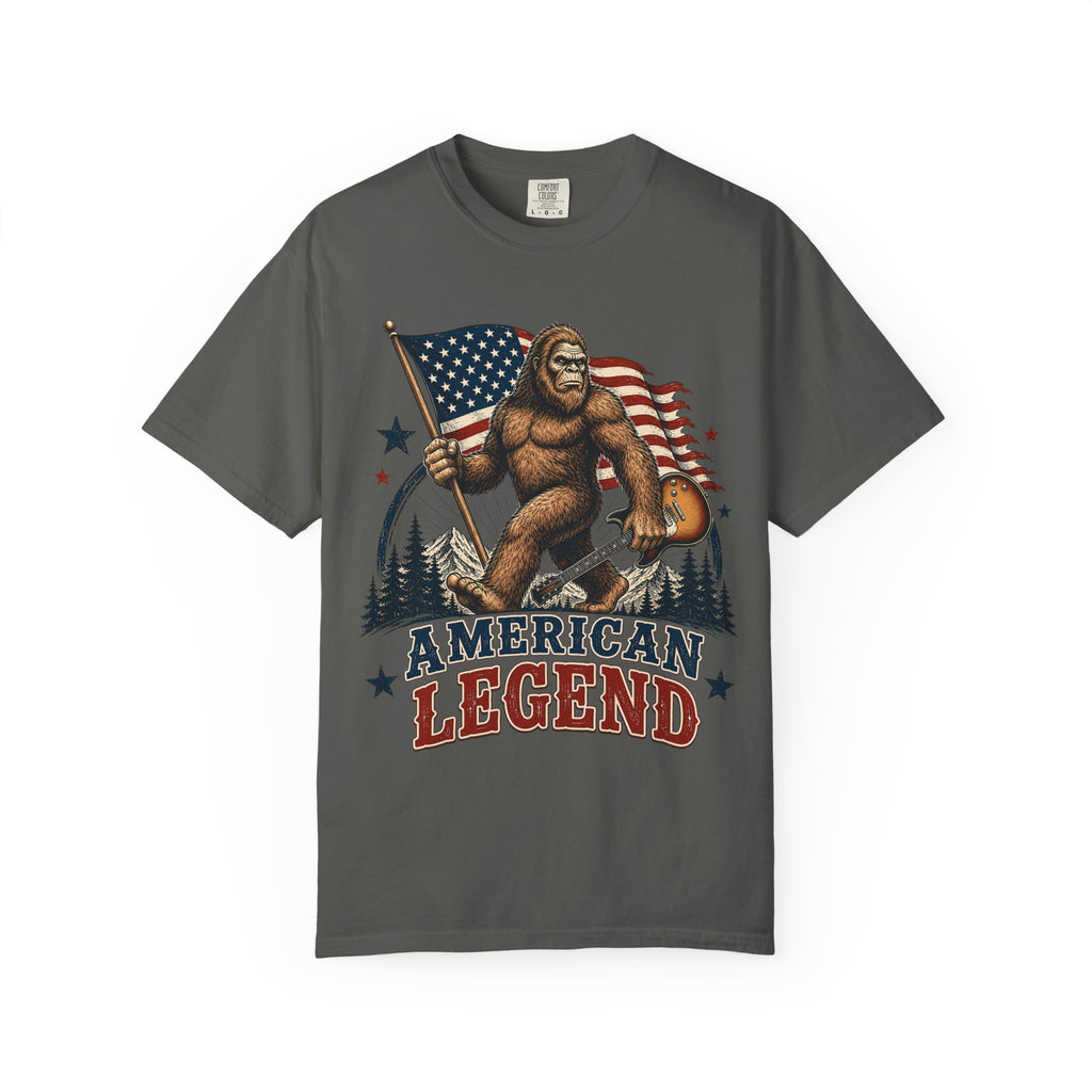 American Legend Bigfoot T-Shirt - Patriotic Sasquatch Tee with Flag