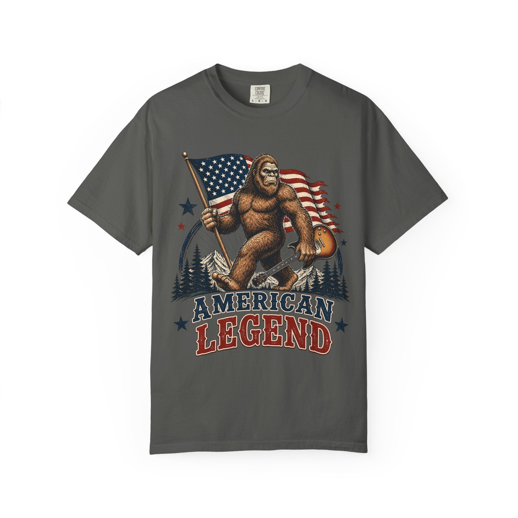 American Legend Bigfoot T-Shirt - Patriotic Sasquatch Tee with Flag