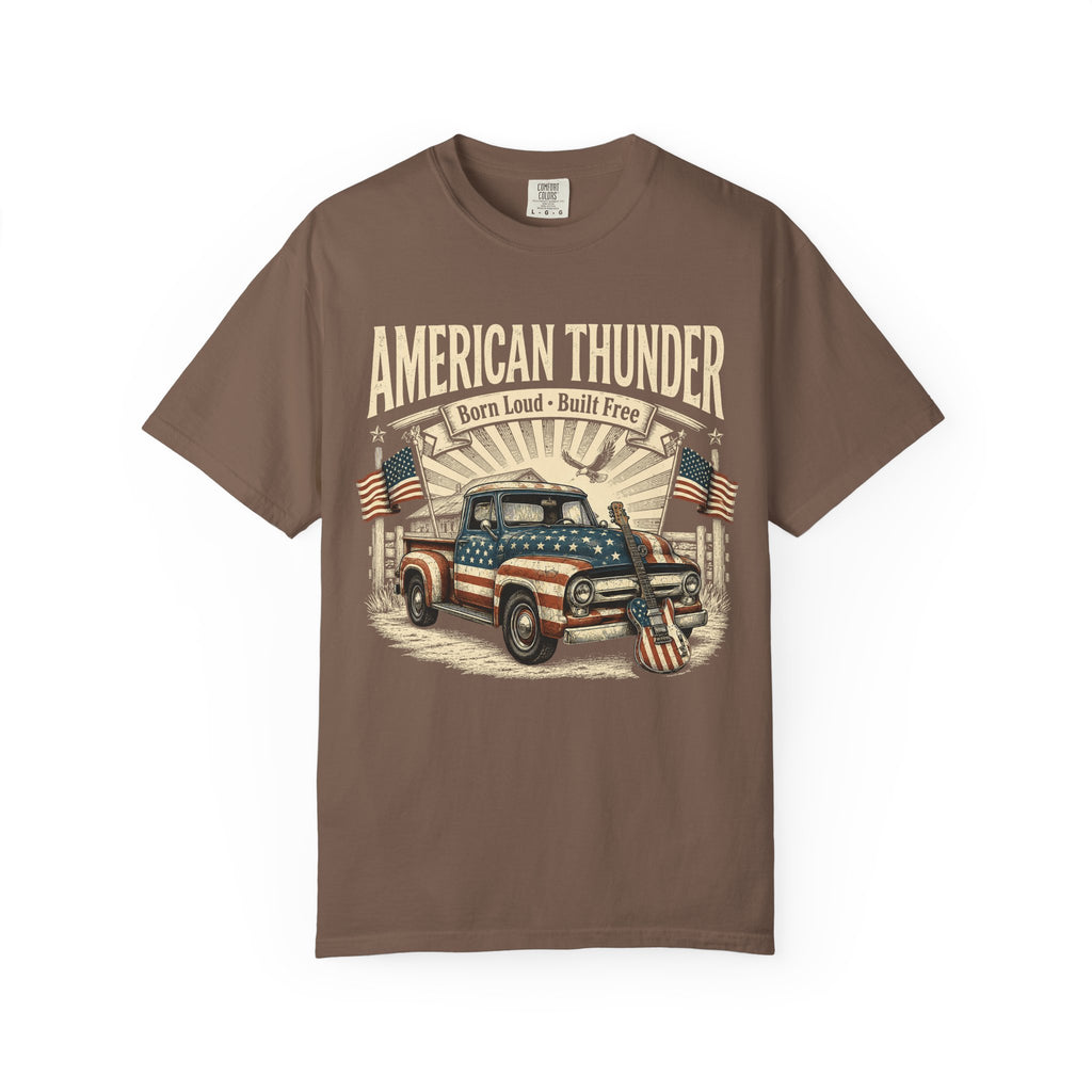 American Thunder Vintage Truck T-Shirt — "Born Loud • Built Free" Patriotic Pickup Tee