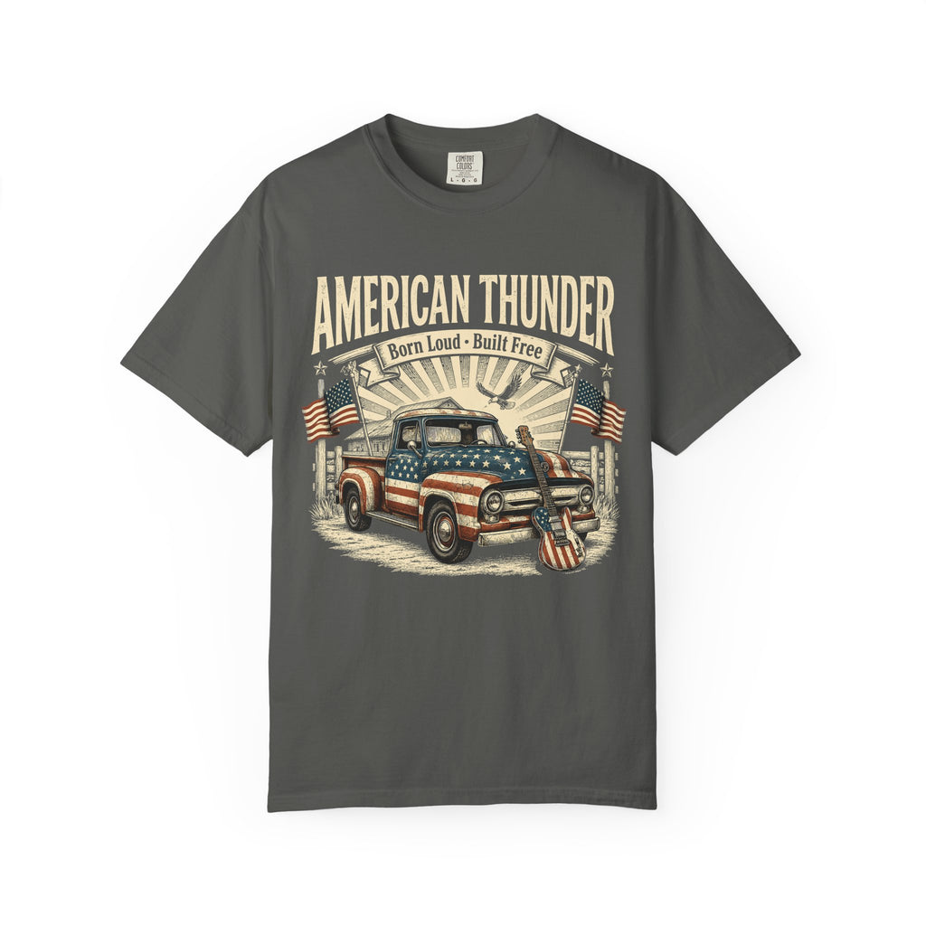 American Thunder Vintage Truck T-Shirt — "Born Loud • Built Free" Patriotic Pickup Tee