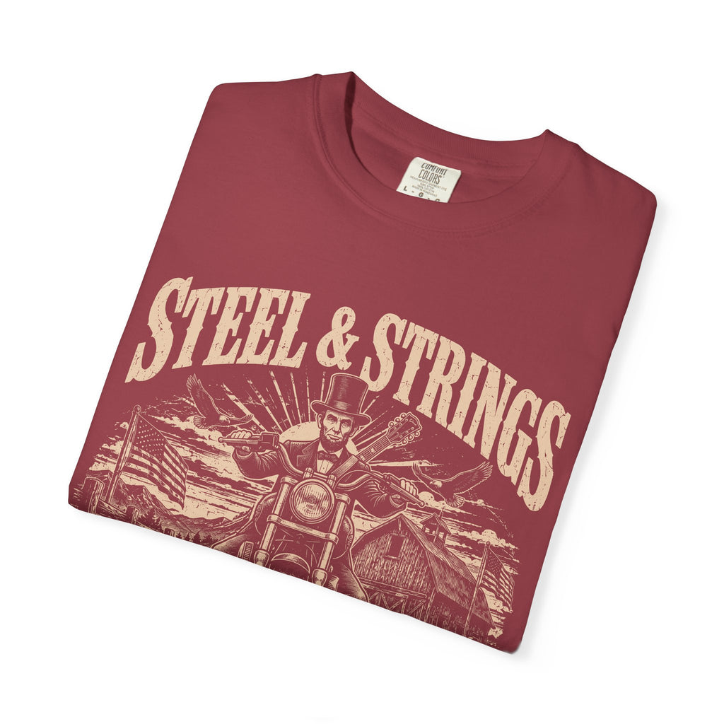 Steel & Strings Motorcycle T-Shirt — Born Loud, Built Free Vintage Biker Tee