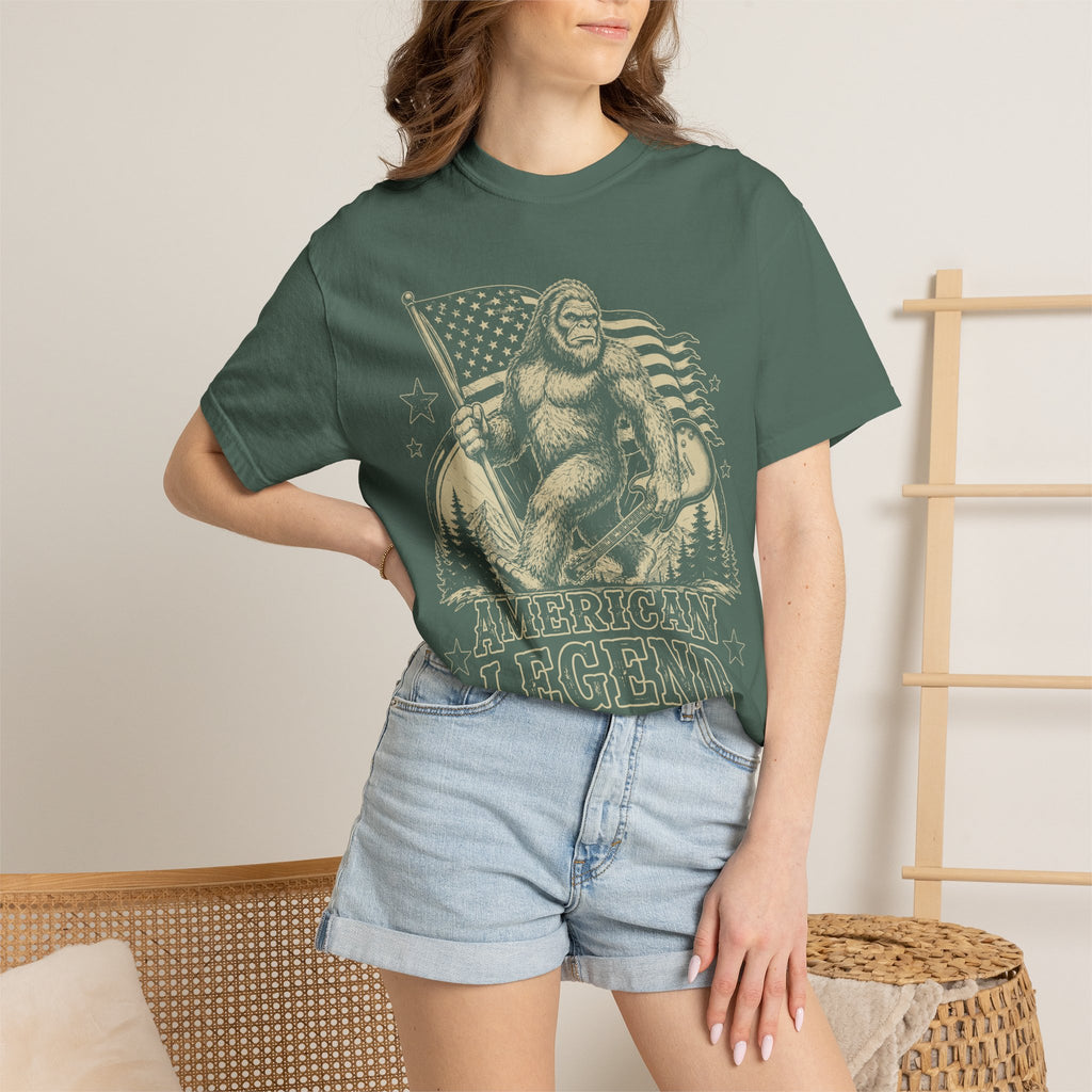 T-Shirt — 'American Legend' Bigfoot Holding U.S. Flag Vintage Graphic