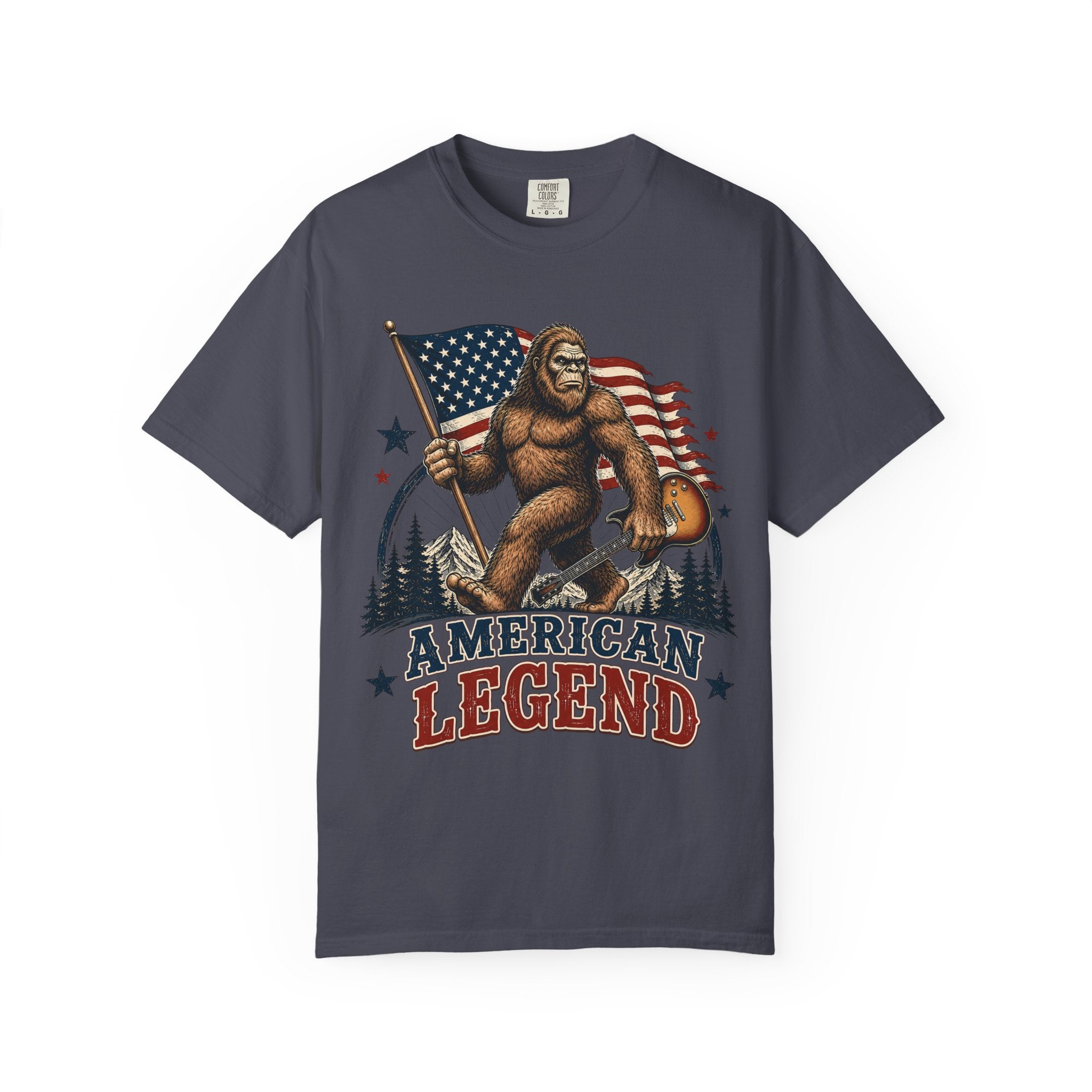 American Legend Bigfoot T-Shirt - Patriotic Sasquatch Tee with Flag