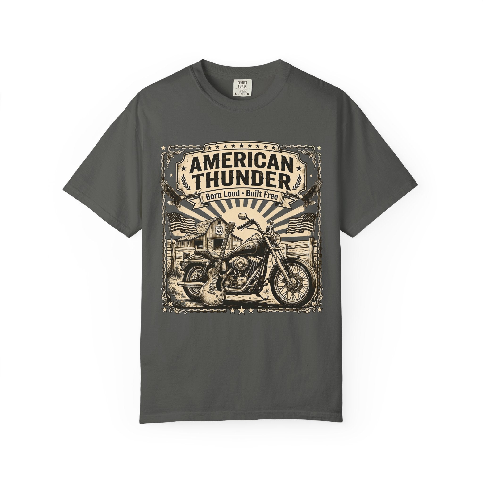 American Thunder Motorcycle T-Shirt — Born Loud, Built Free Vintage Biker Tee