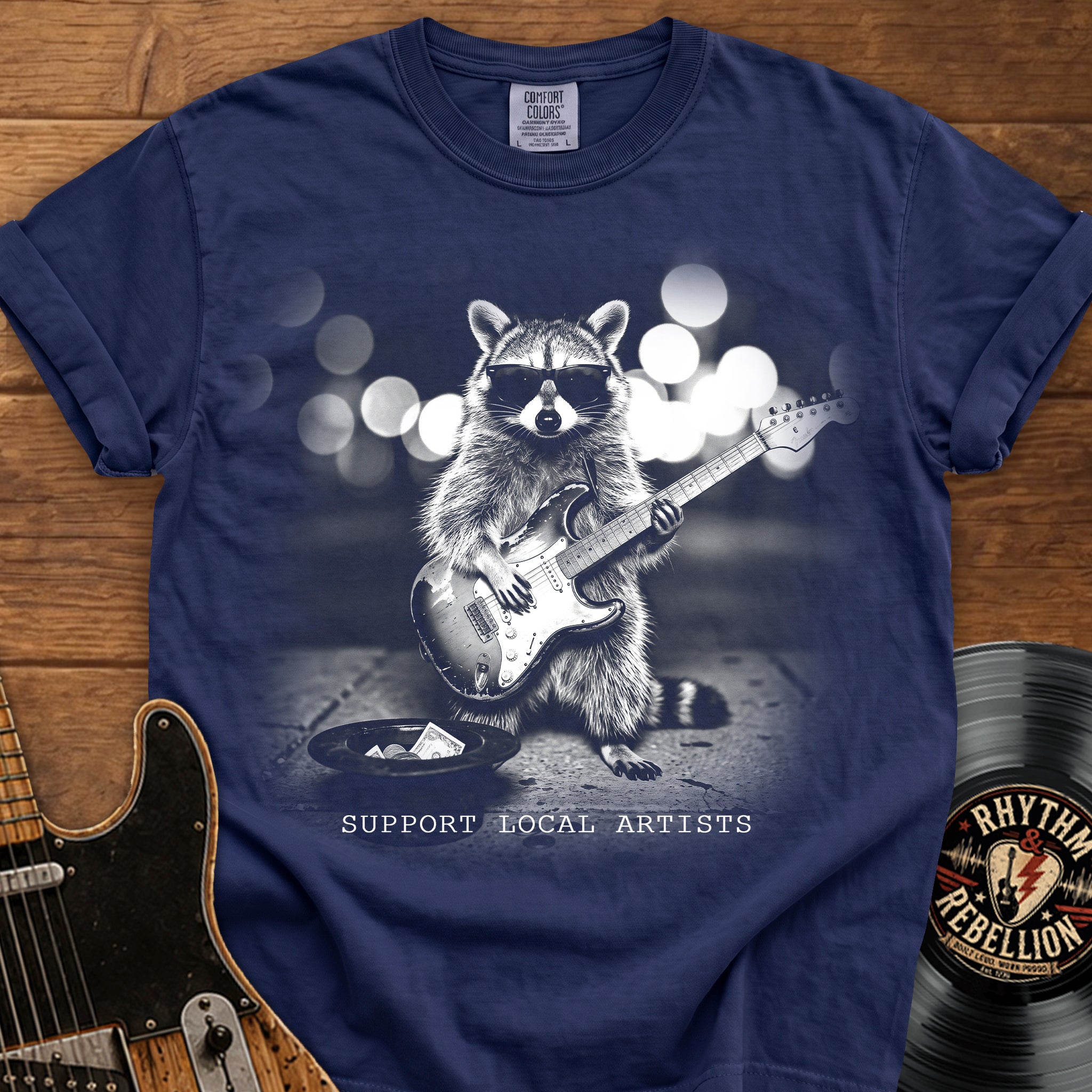 Raccoon Guitar Tee — "Support Local Artists" Vintage Music T-Shirt