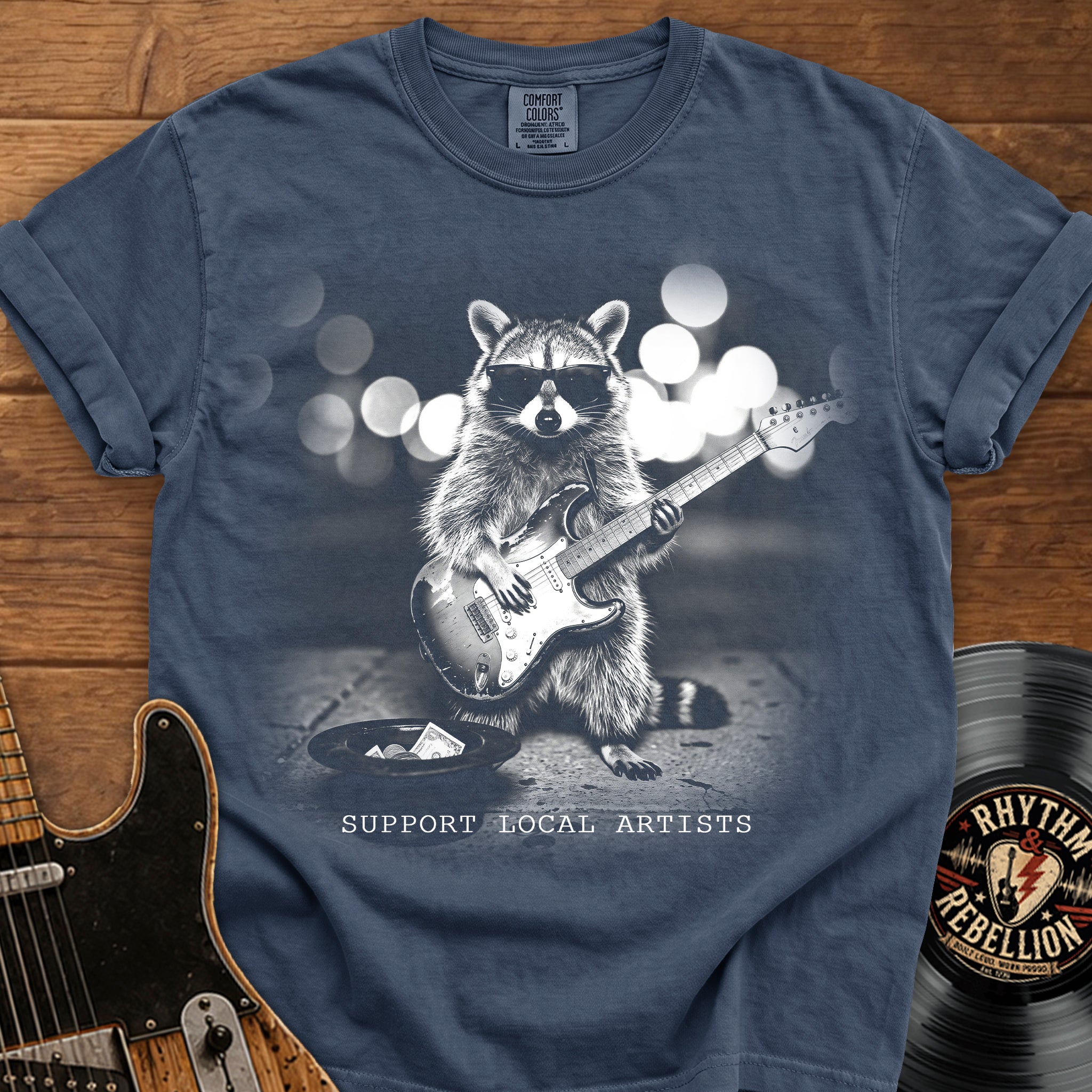 Raccoon Guitar Tee — "Support Local Artists" Vintage Music T-Shirt