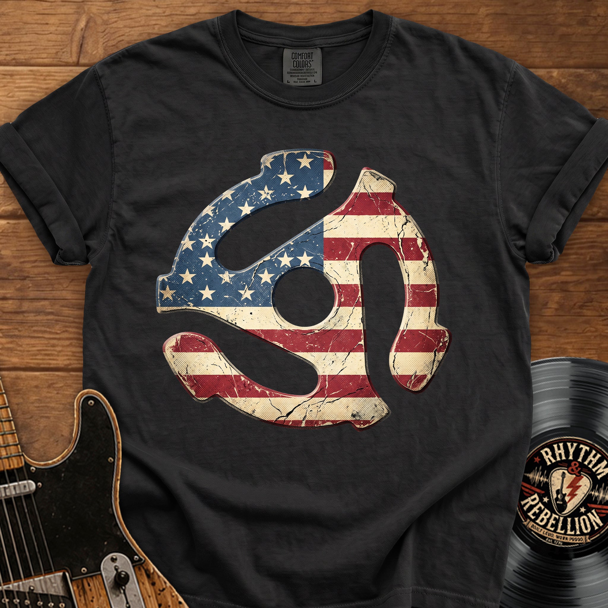 Vintage American 45 RPM Adapter T‑Shirt — Flag Record Player Graphic