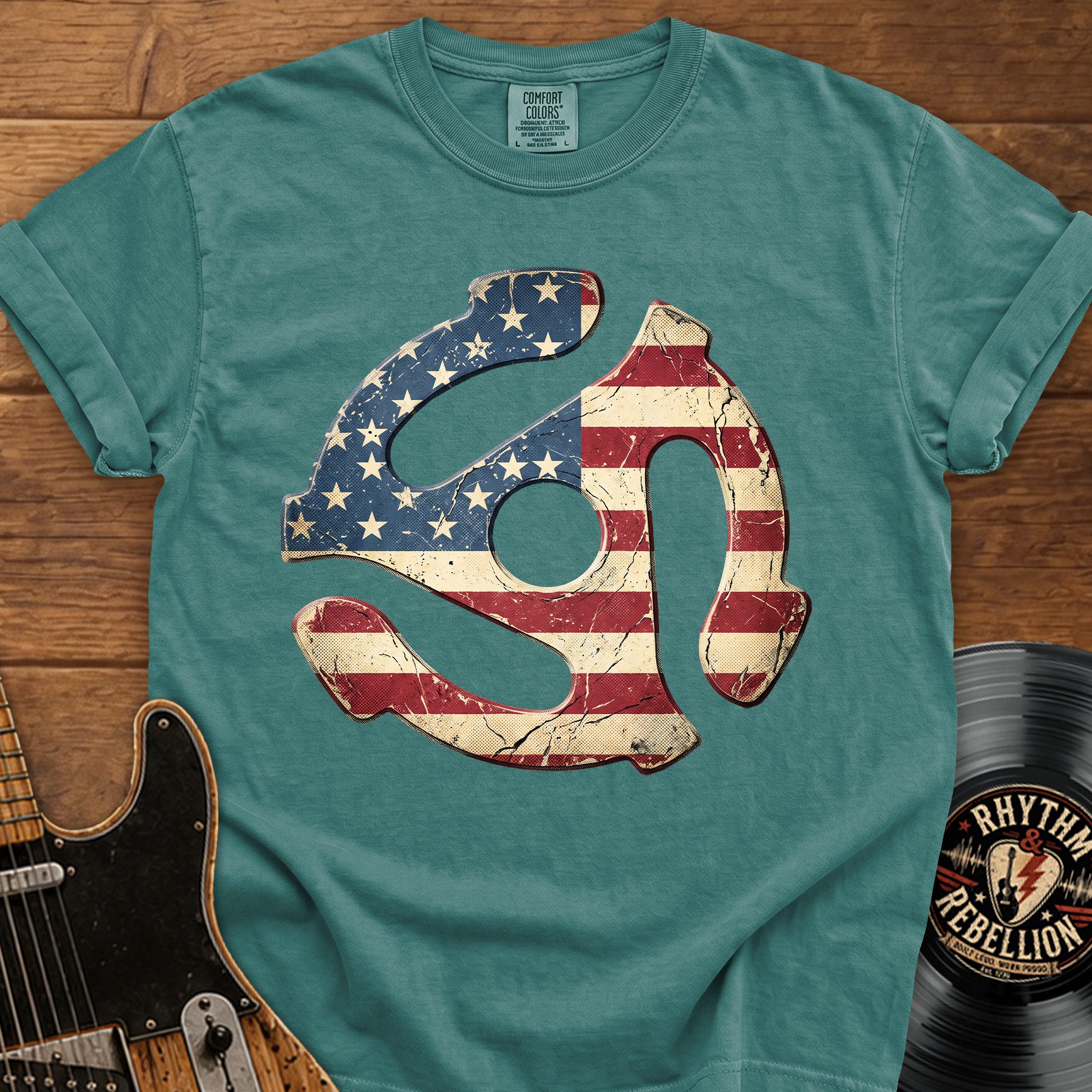 Vintage American 45 RPM Adapter T‑Shirt — Flag Record Player Graphic