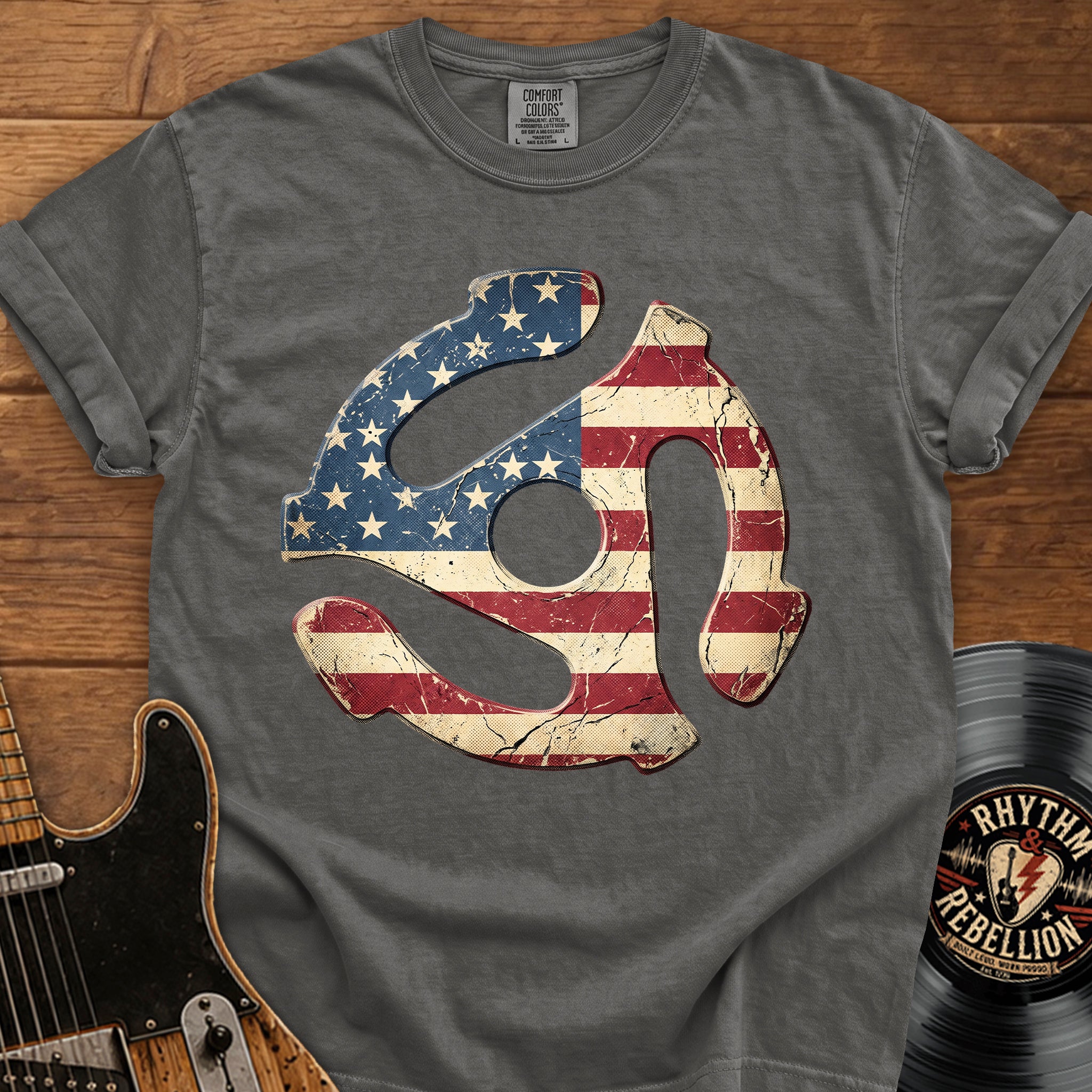 Vintage American 45 RPM Adapter T‑Shirt — Flag Record Player Graphic