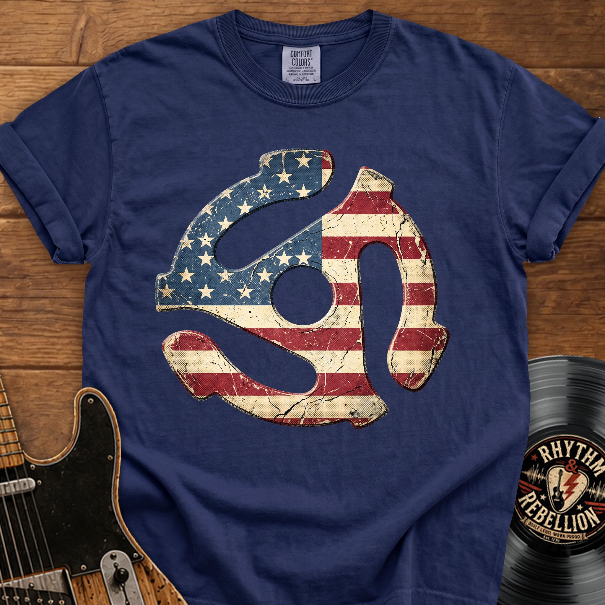 Vintage American 45 RPM Adapter T‑Shirt — Flag Record Player Graphic