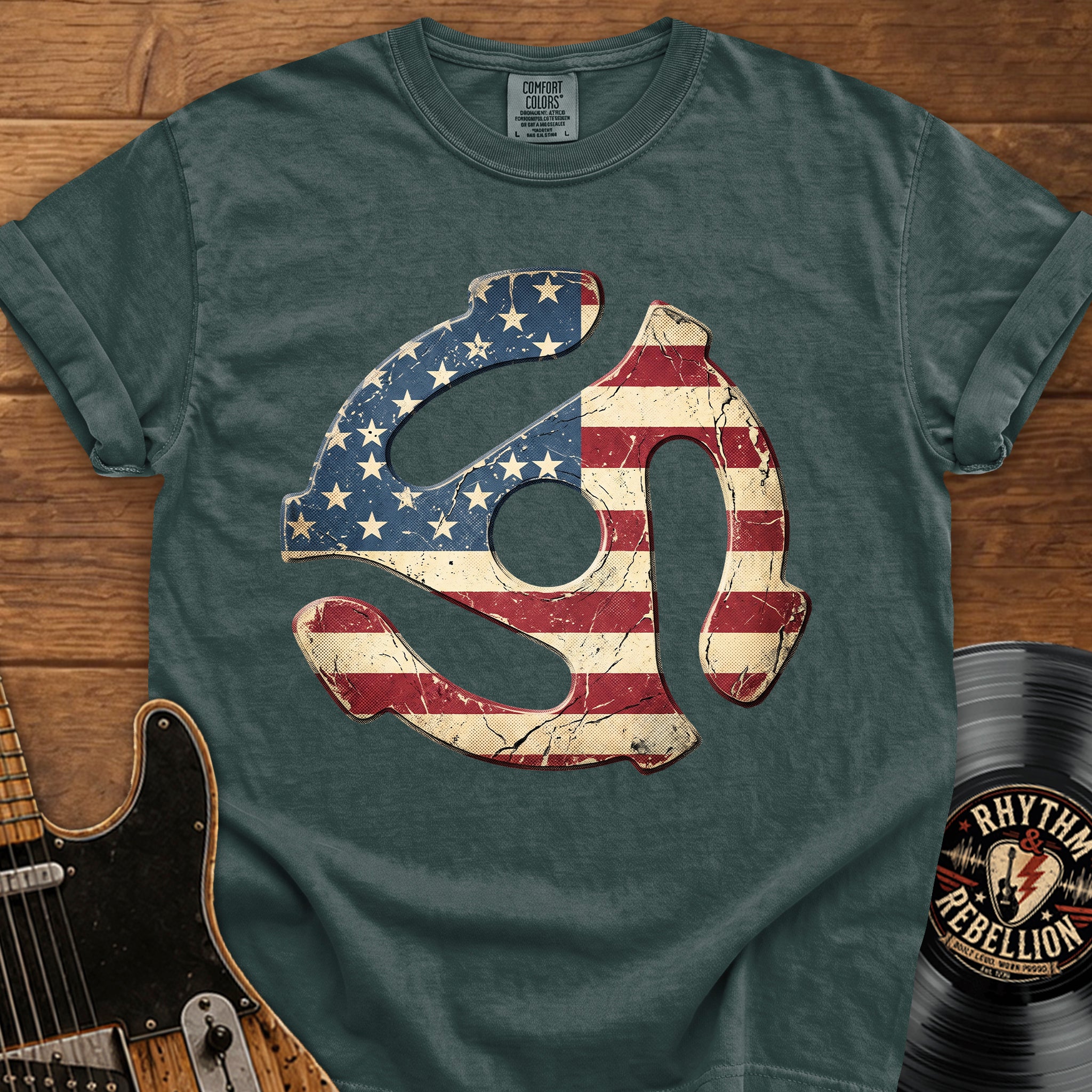 Vintage American 45 RPM Adapter T‑Shirt — Flag Record Player Graphic
