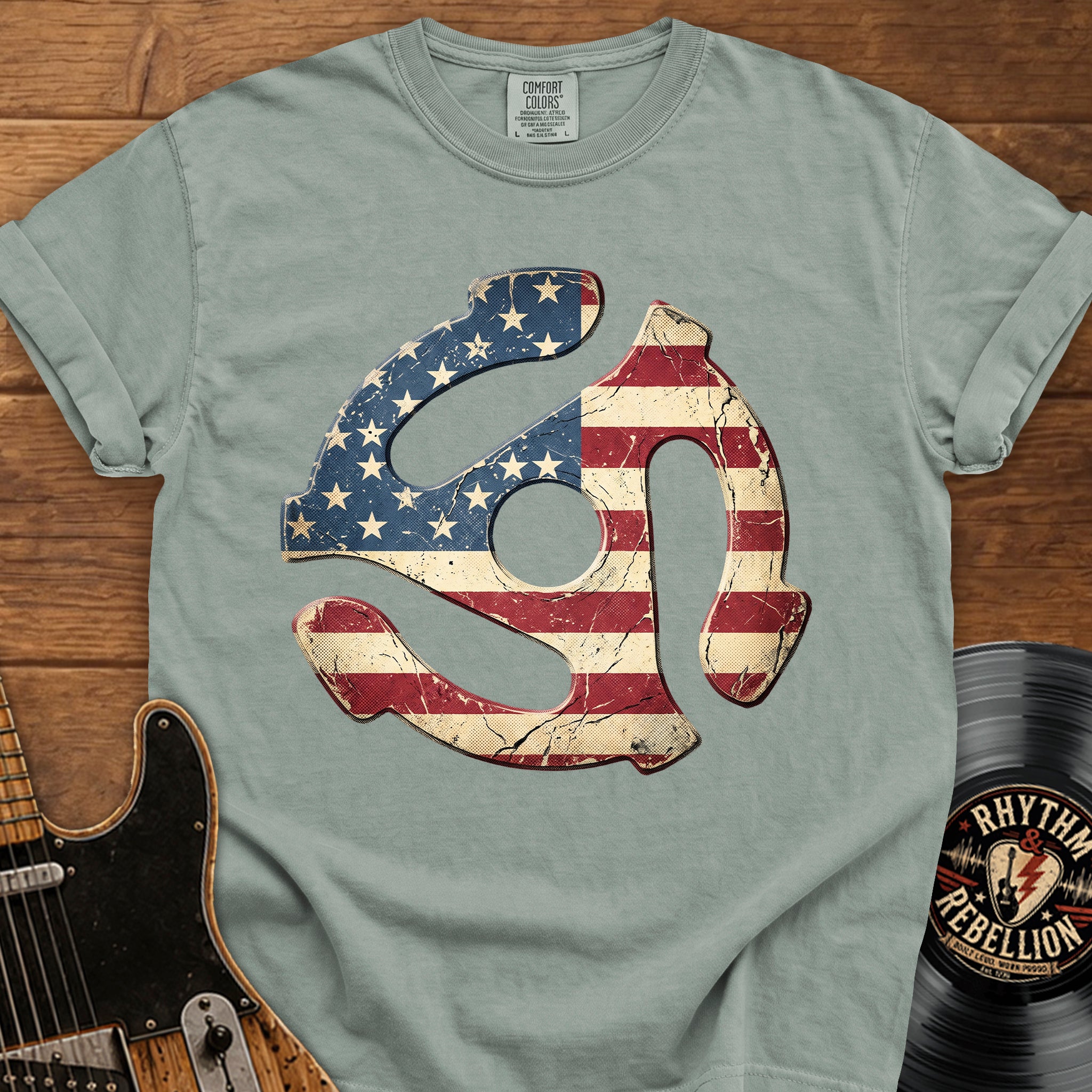 Vintage American 45 RPM Adapter T‑Shirt — Flag Record Player Graphic