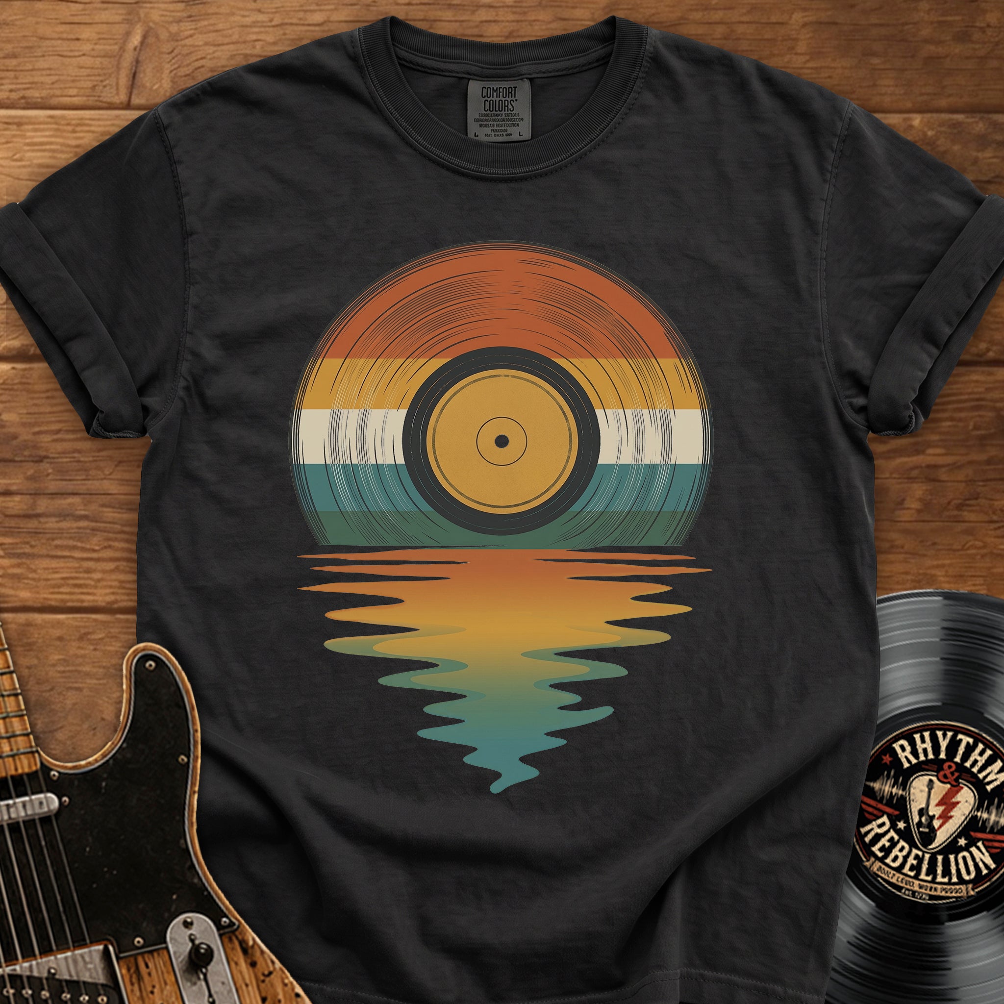 Retro Vinyl Sunset T-Shirt — Vintage Record Beach Vibes