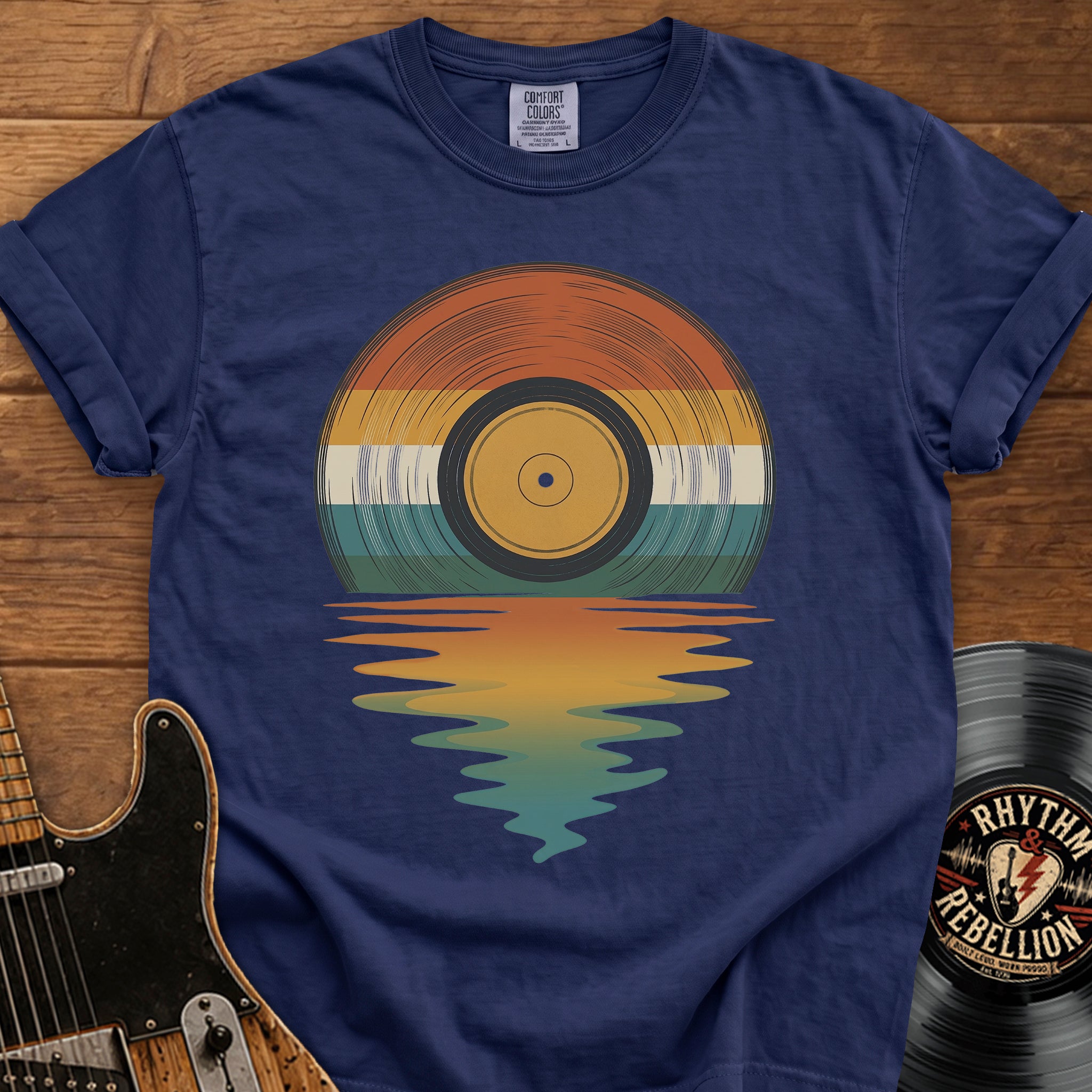 Retro Vinyl Sunset T-Shirt — Vintage Record Beach Vibes