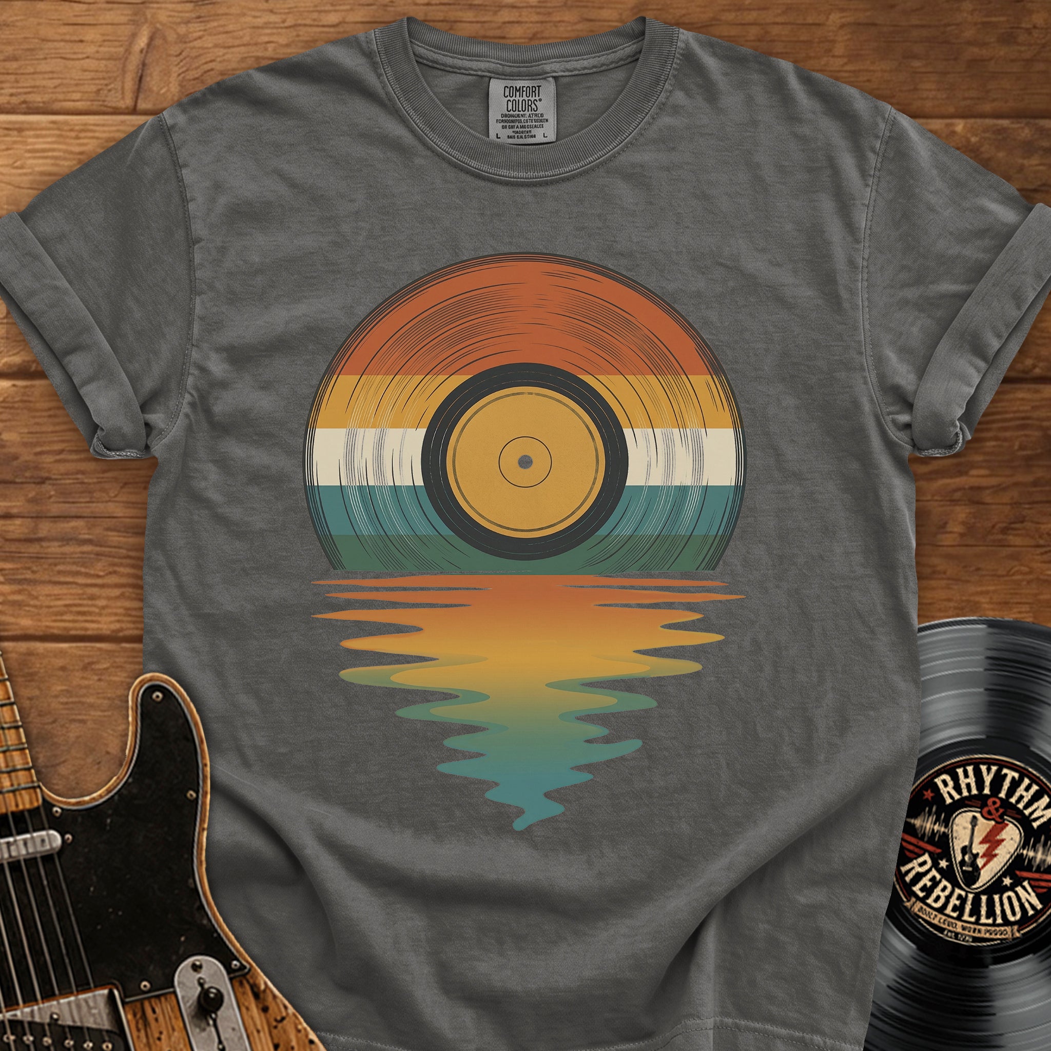 Retro Vinyl Sunset T-Shirt — Vintage Record Beach Vibes