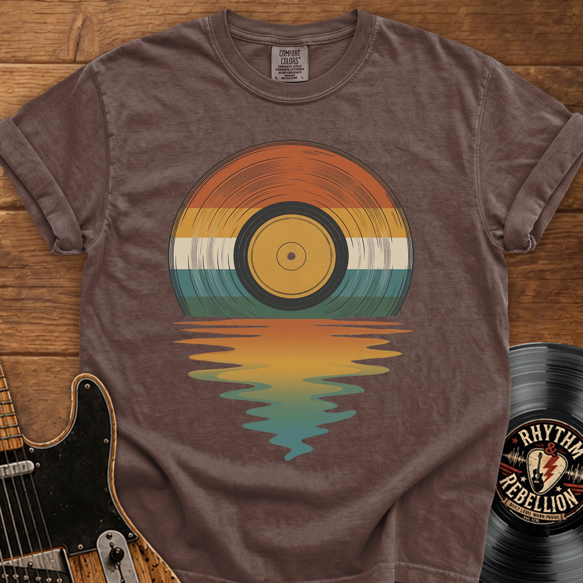 Retro Vinyl Sunset T-Shirt — Vintage Record Beach Vibes