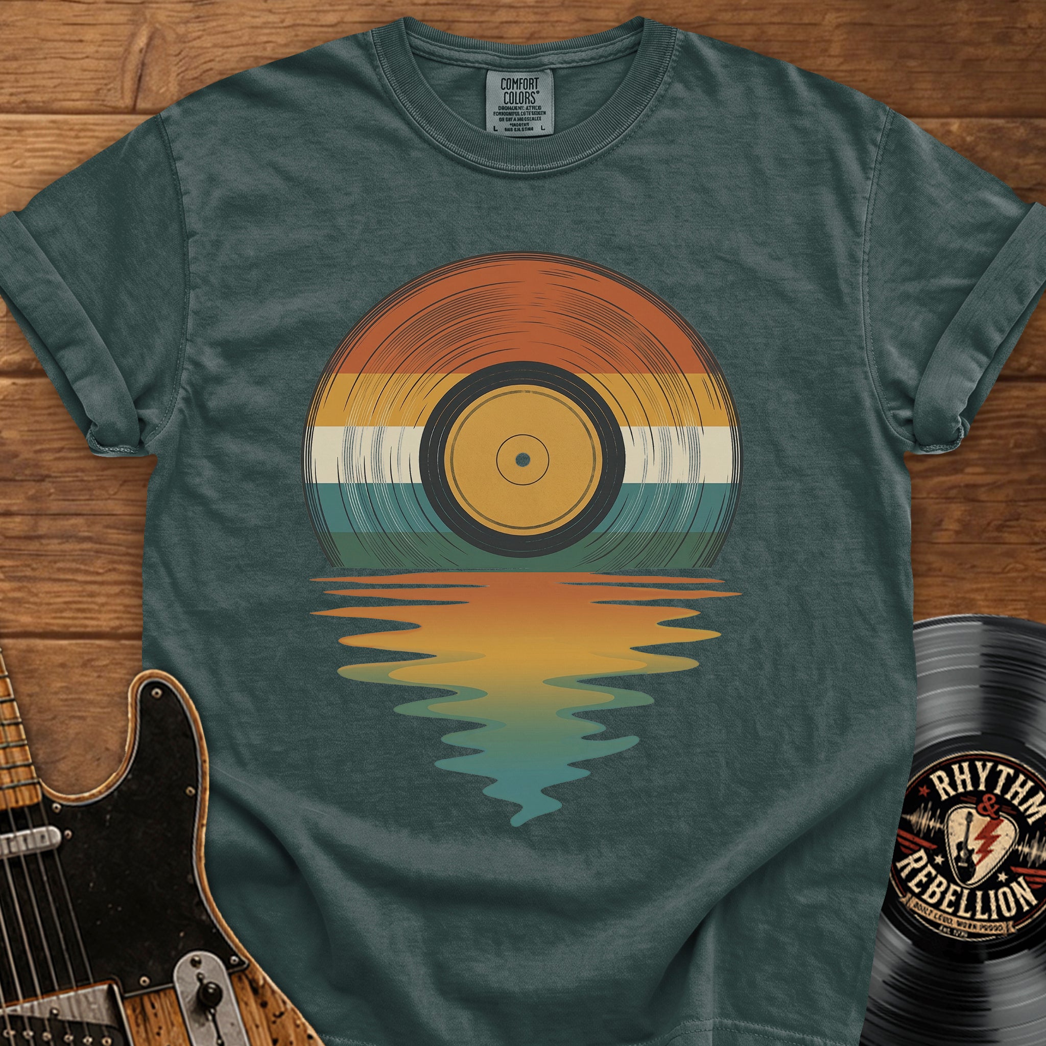Retro Vinyl Sunset T-Shirt — Vintage Record Beach Vibes