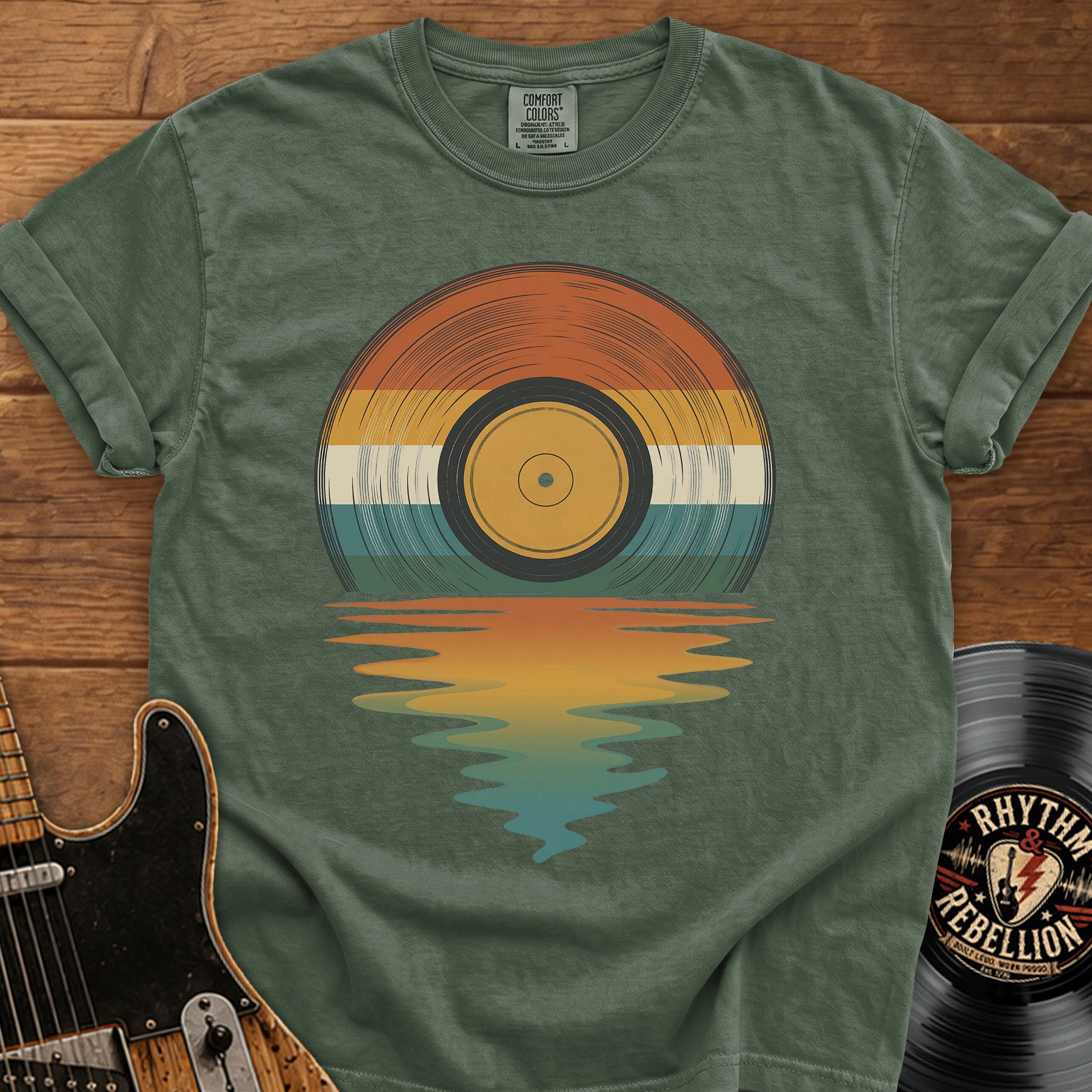 Retro Vinyl Sunset T-Shirt — Vintage Record Beach Vibes