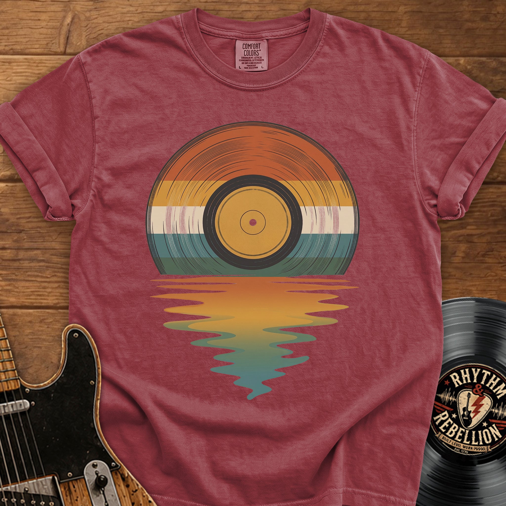 Retro Vinyl Sunset T-Shirt — Vintage Record Beach Vibes