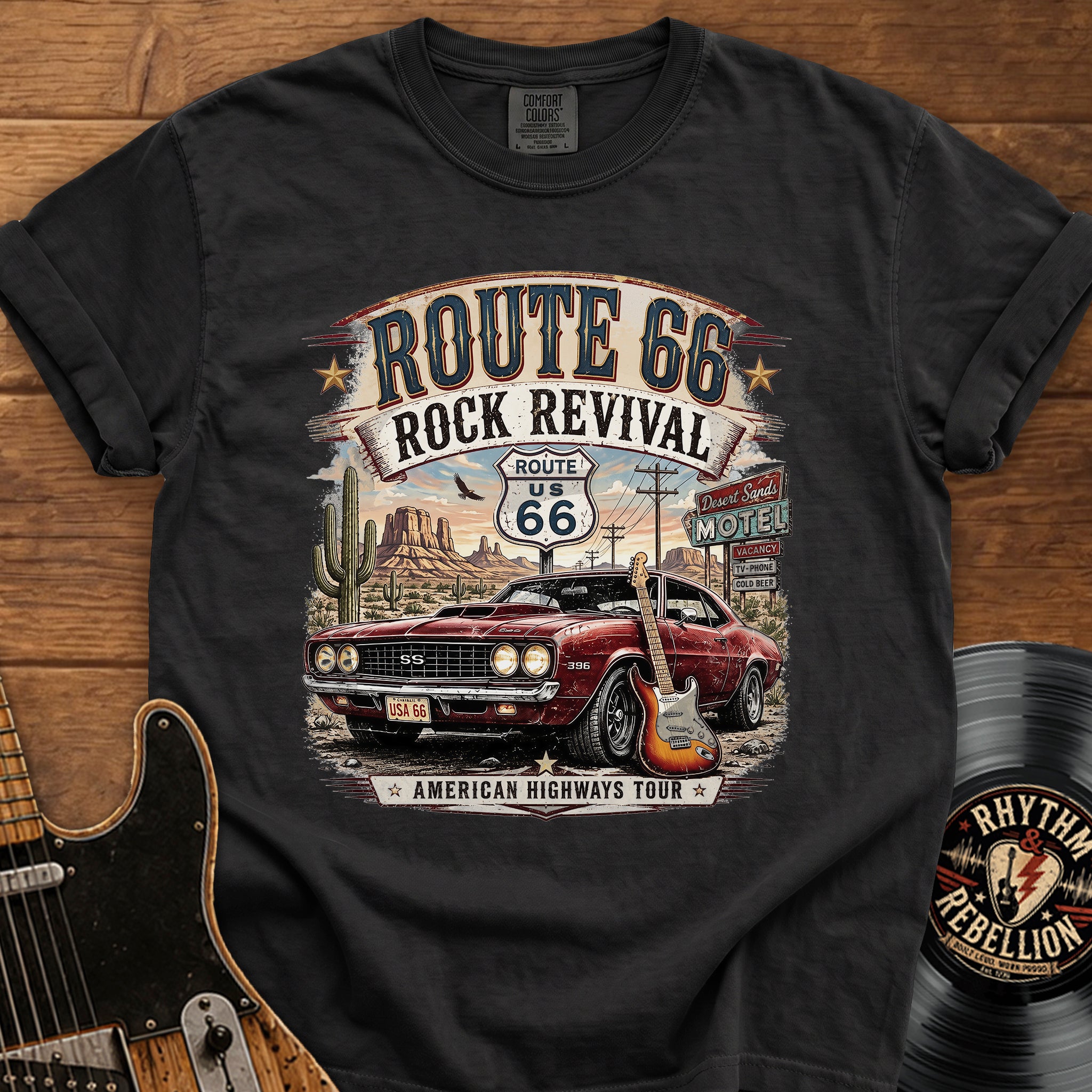 Route 66 Rock Revival T‑Shirt — Vintage Muscle Car American Highways Tee