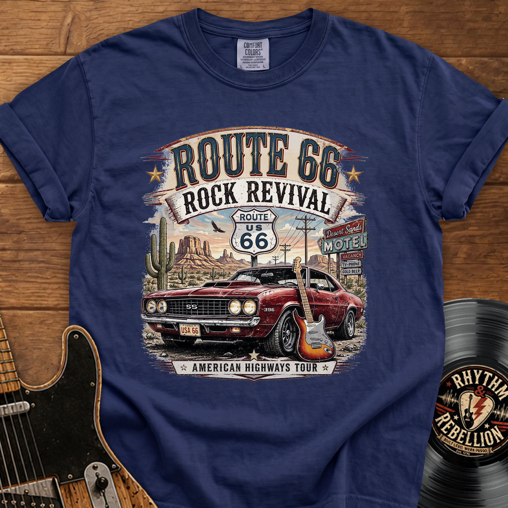 Route 66 Rock Revival T‑Shirt — Vintage Muscle Car American Highways Tee