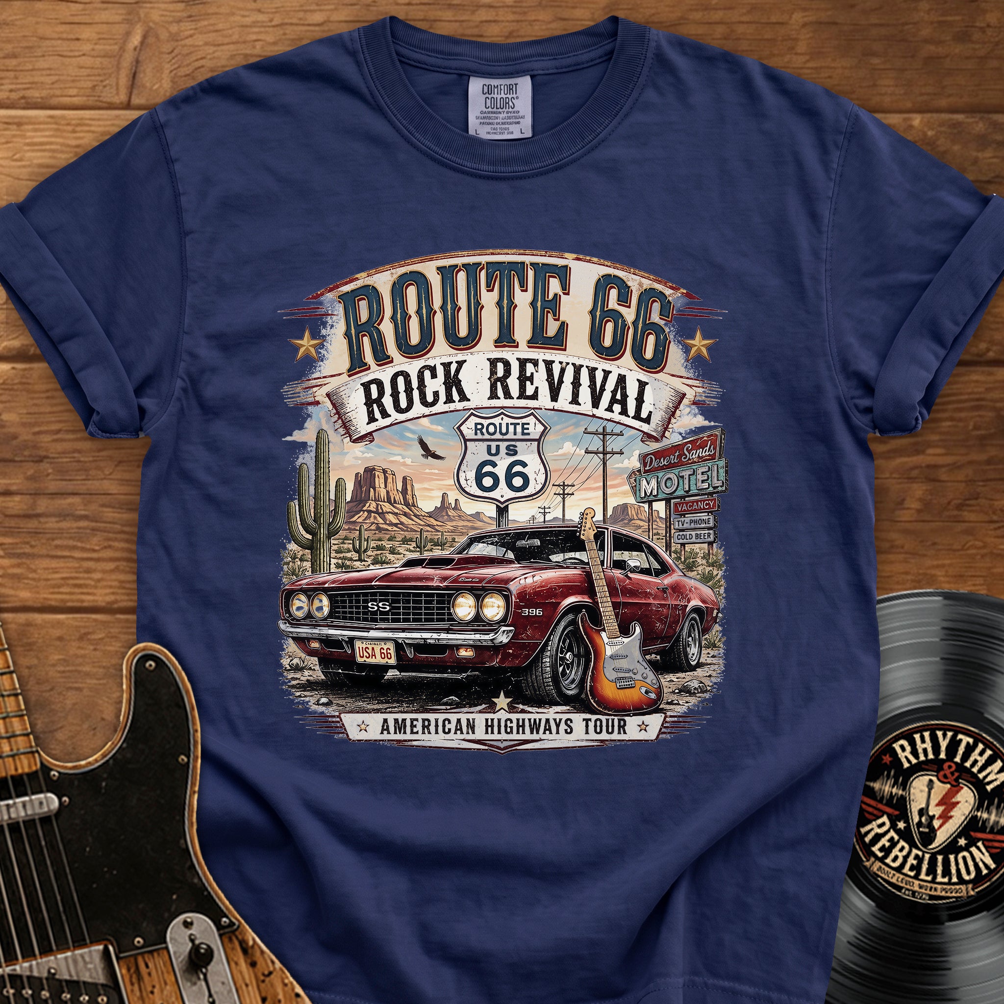 Route 66 Rock Revival T‑Shirt — Vintage Muscle Car American Highways Tee