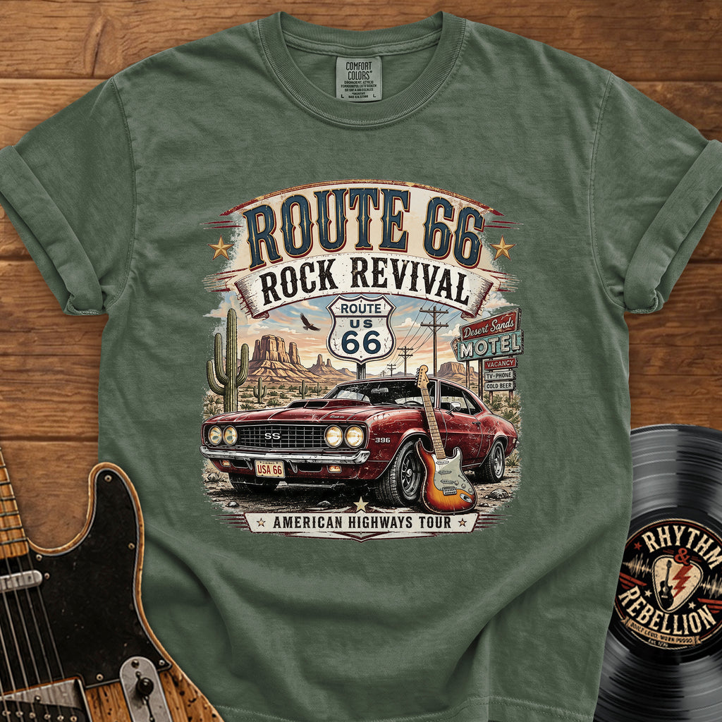 Route 66 Rock Revival T‑Shirt — Vintage Muscle Car American Highways Tee