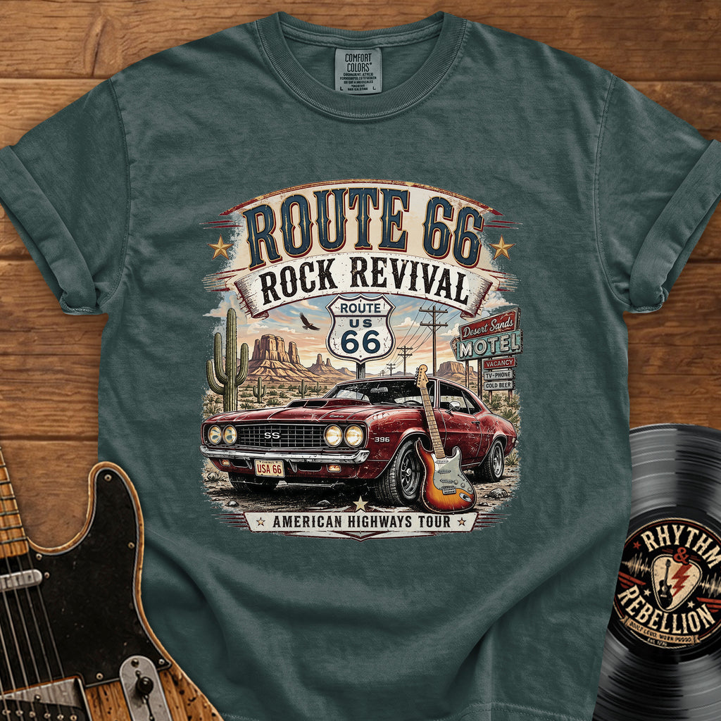 Route 66 Rock Revival T‑Shirt — Vintage Muscle Car American Highways Tee