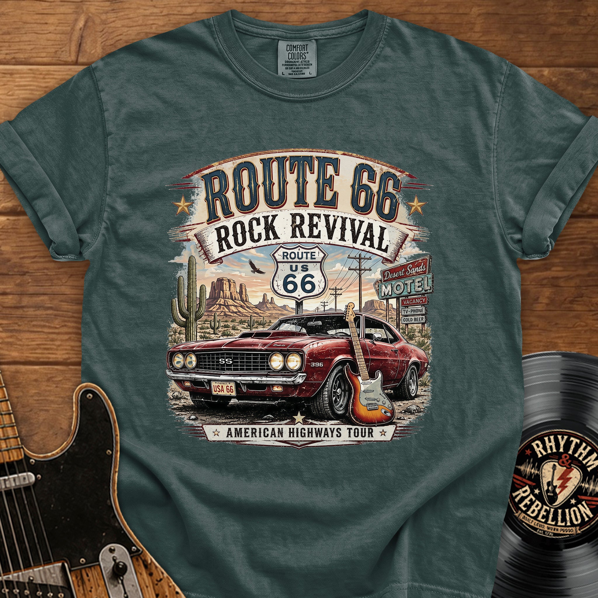Route 66 Rock Revival T‑Shirt — Vintage Muscle Car American Highways Tee