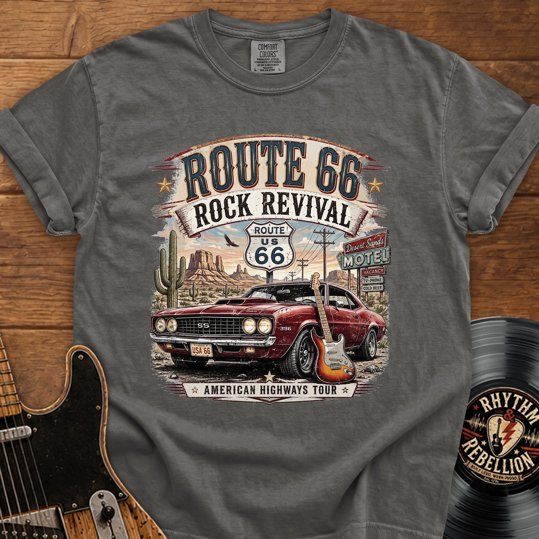 Route 66 Rock Revival T‑Shirt — Vintage Muscle Car American Highways Tee