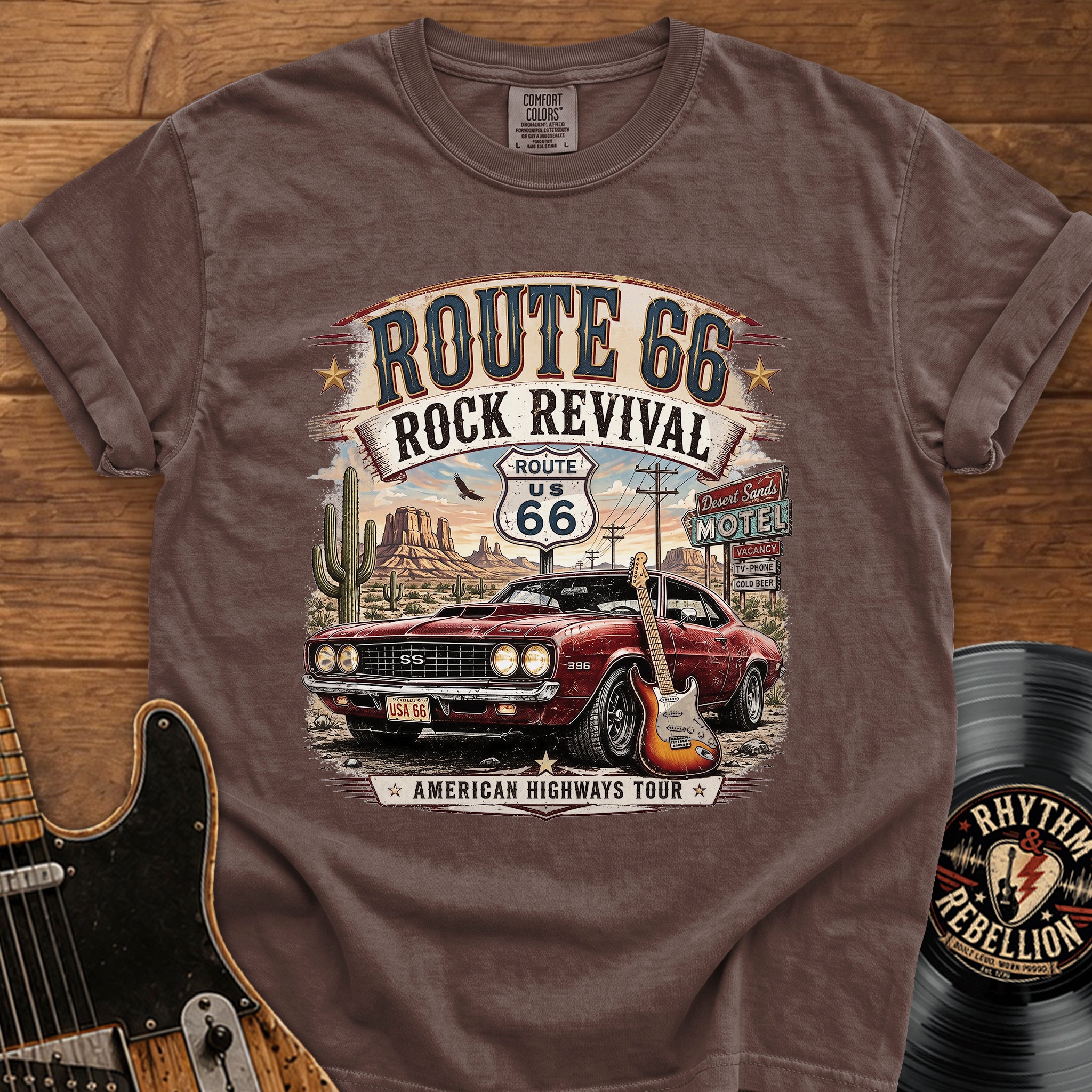 Route 66 Rock Revival T‑Shirt — Vintage Muscle Car American Highways Tee