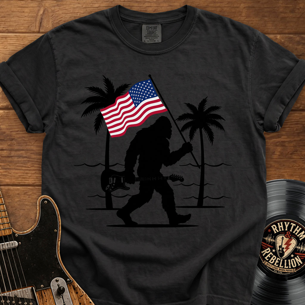 Bigfoot American Flag T-Shirt — Patriotic Sasquatch Beach Tee
