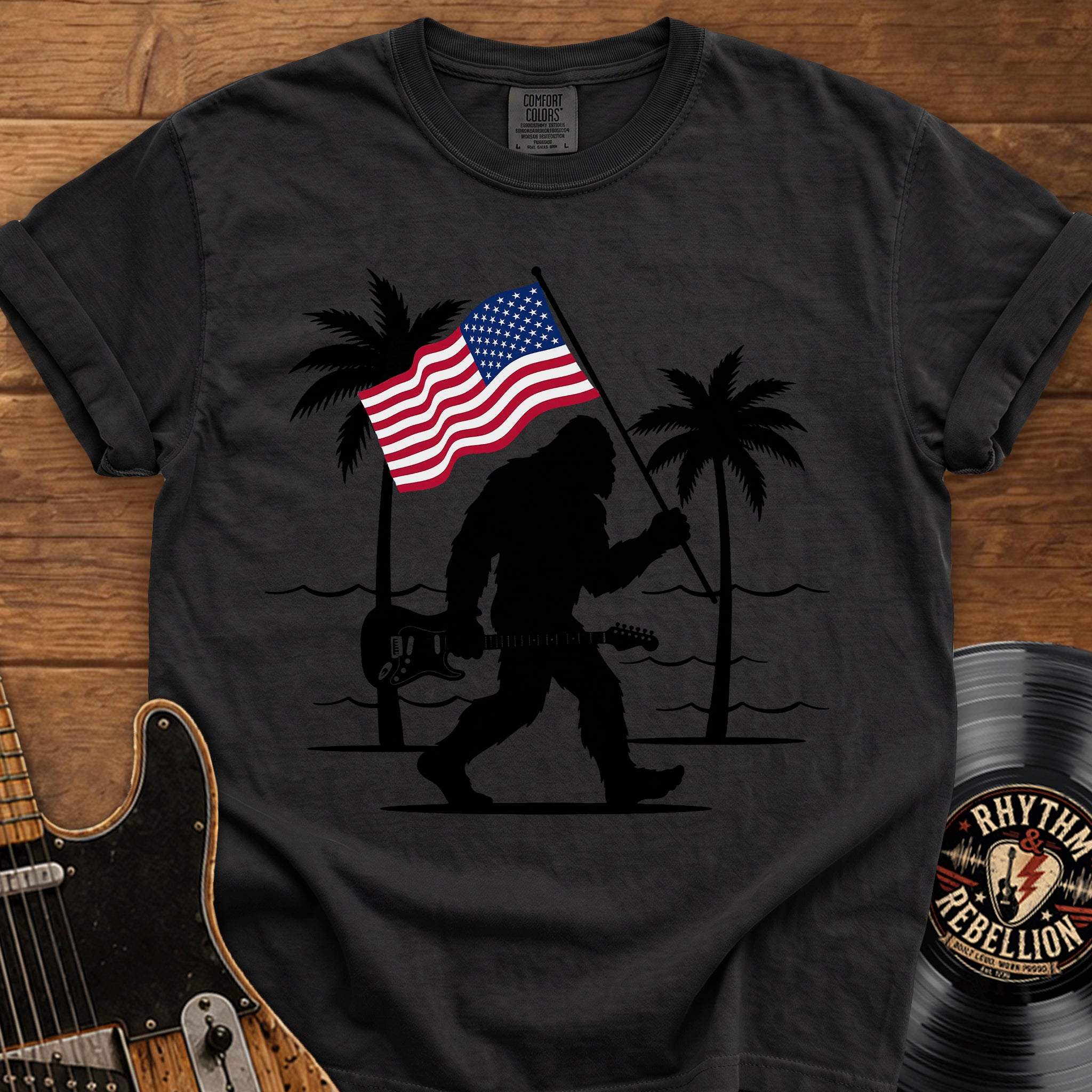 Bigfoot American Flag T-Shirt — Patriotic Sasquatch Beach Tee