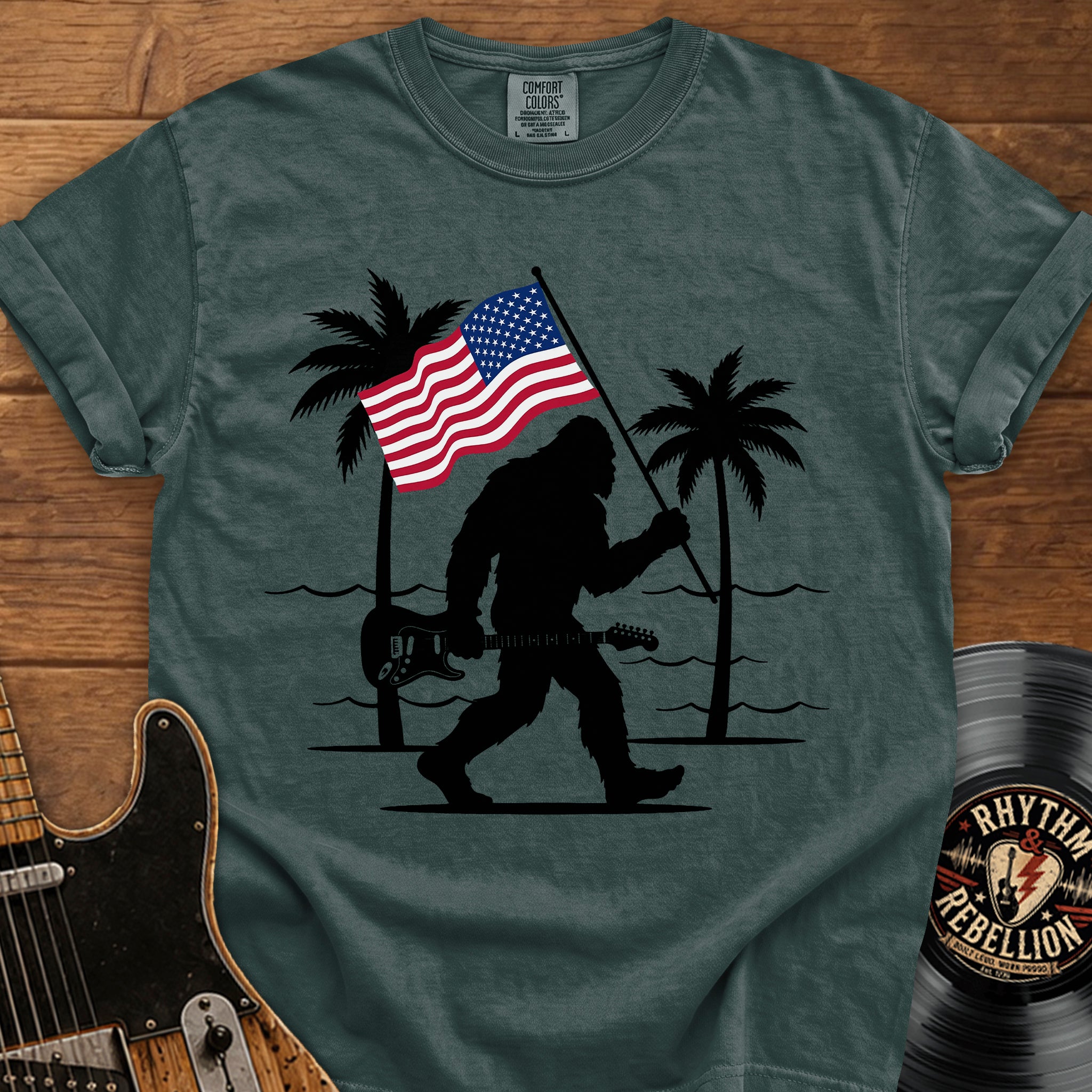 Bigfoot American Flag T-Shirt — Patriotic Sasquatch Beach Tee