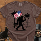 Bigfoot American Flag T-Shirt — Patriotic Sasquatch Beach Tee