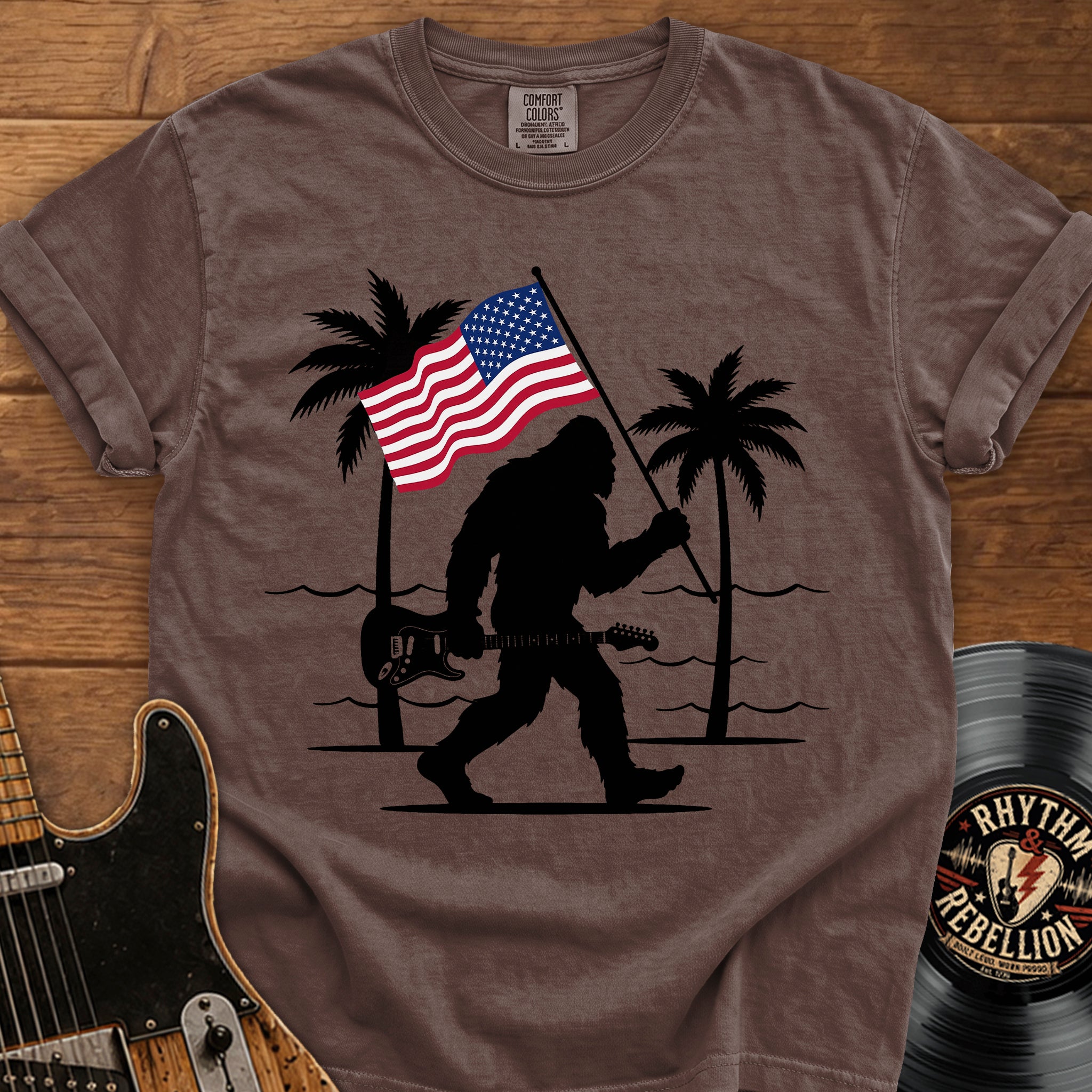 Bigfoot American Flag T-Shirt — Patriotic Sasquatch Beach Tee