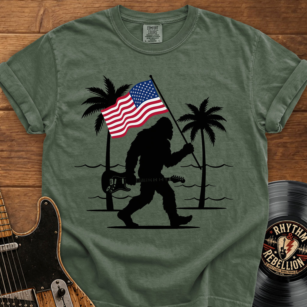 Bigfoot American Flag T-Shirt — Patriotic Sasquatch Beach Tee