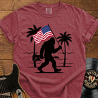 Bigfoot American Flag T-Shirt — Patriotic Sasquatch Beach Tee
