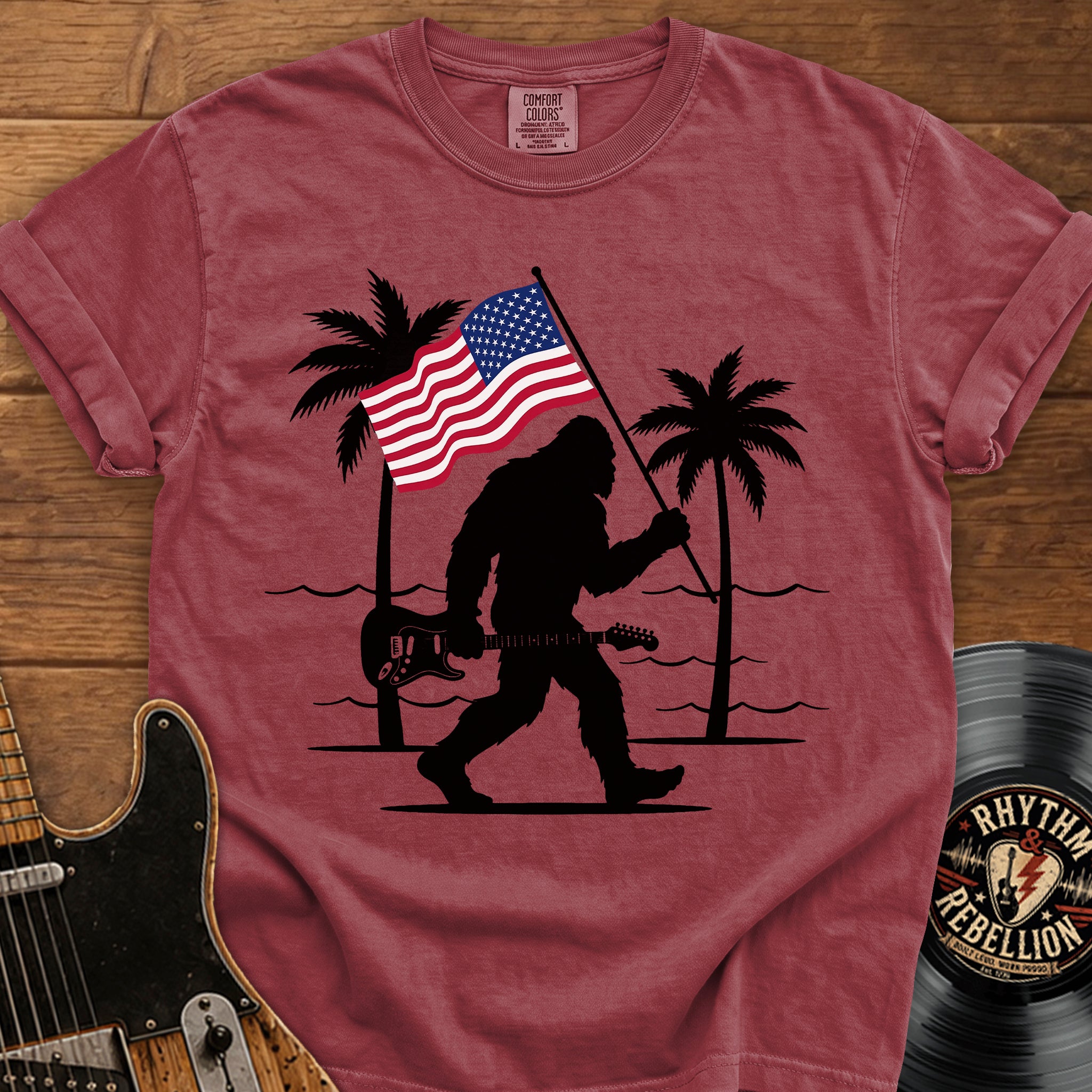Bigfoot American Flag T-Shirt — Patriotic Sasquatch Beach Tee