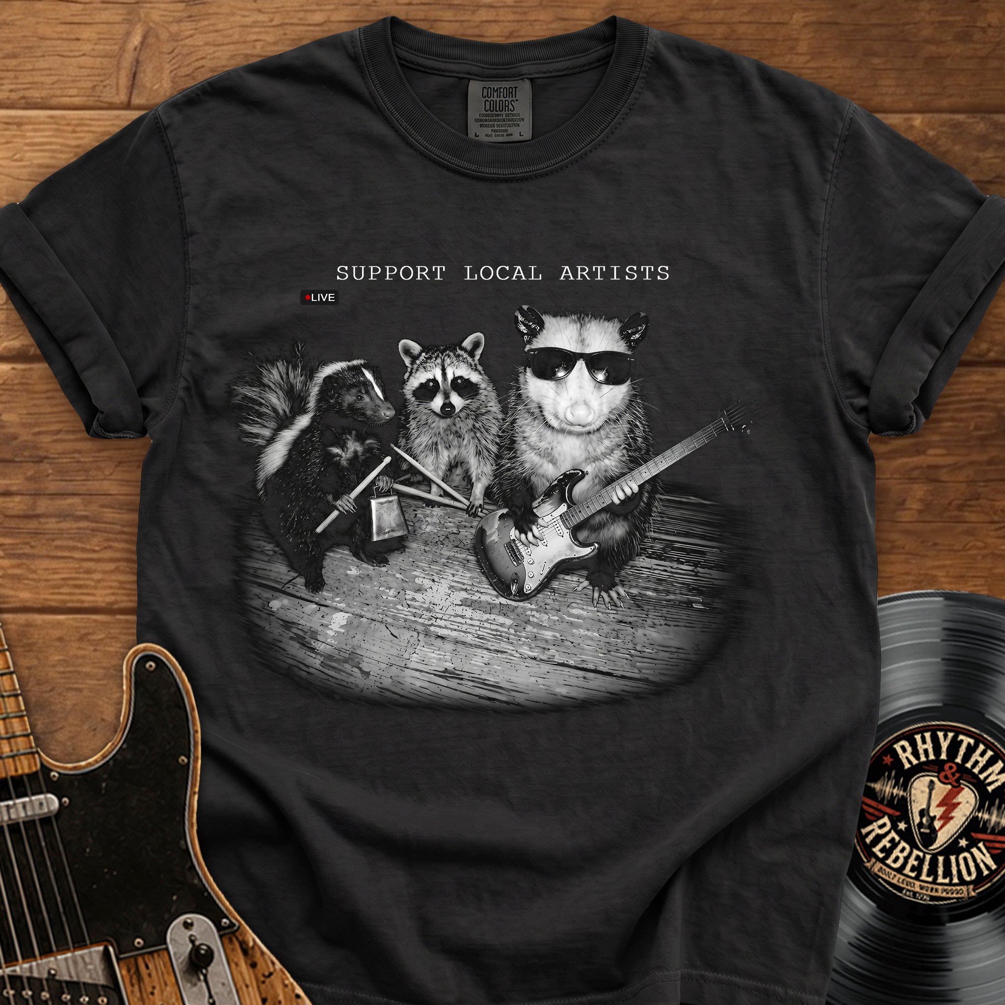 Support Local Artists T-Shirt — Vintage Raccoon Band Graphic Tee